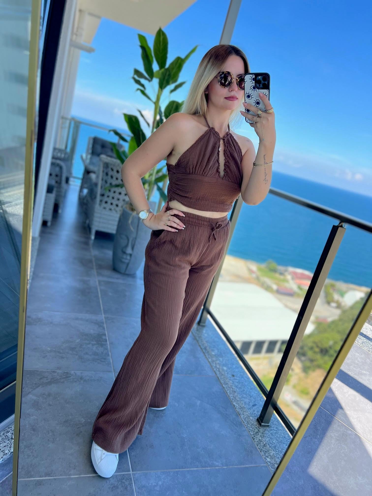 98658 Crop Pantolon Yakım KAHVE