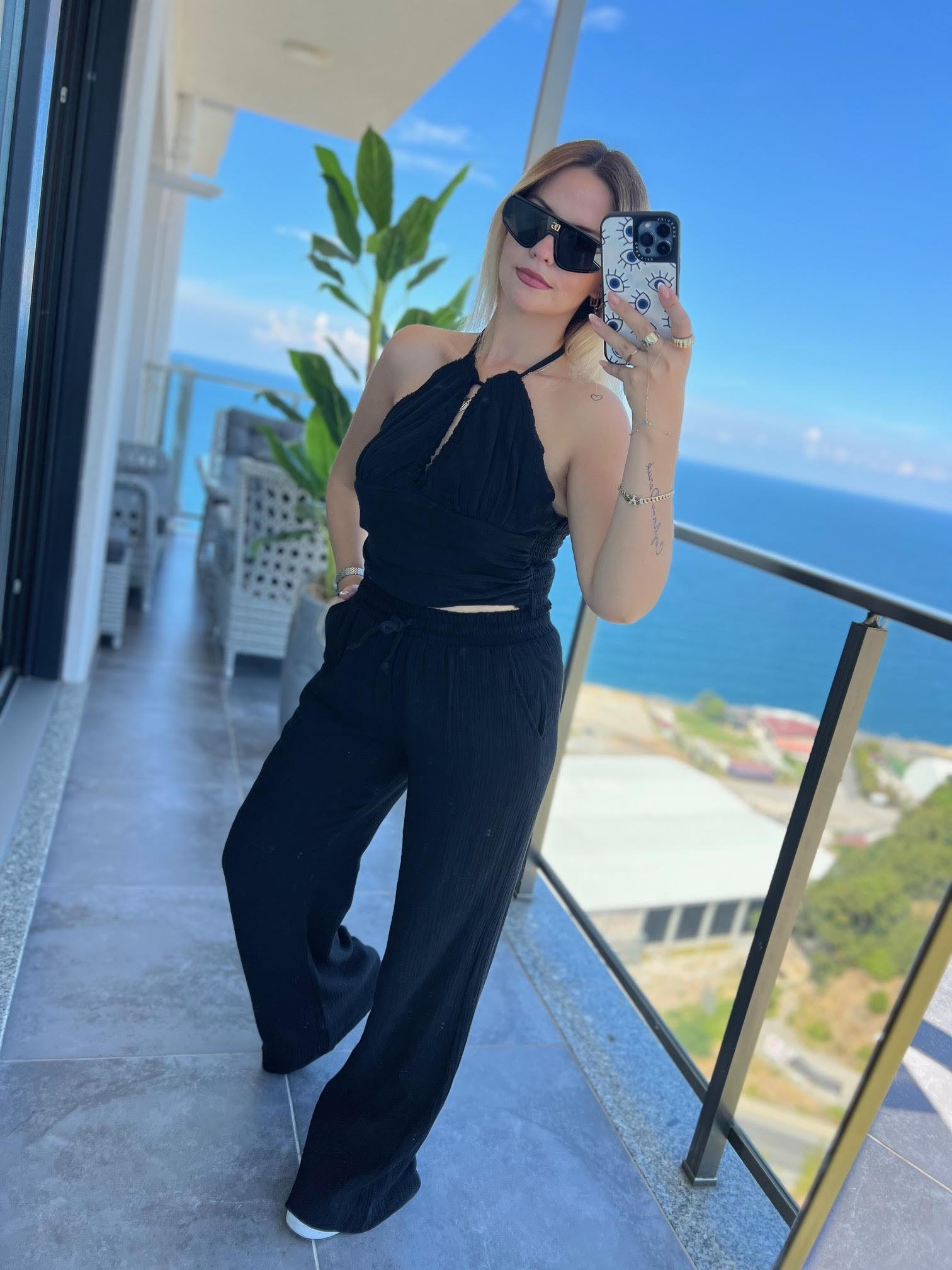 98658 Crop Pantolon Yakım SİYAH