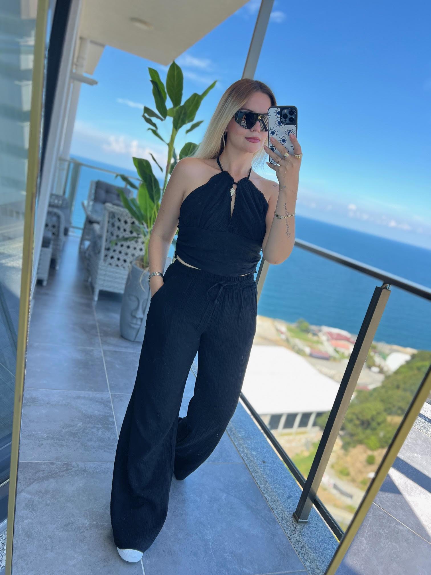 98658 Crop Pantolon Yakım SİYAH
