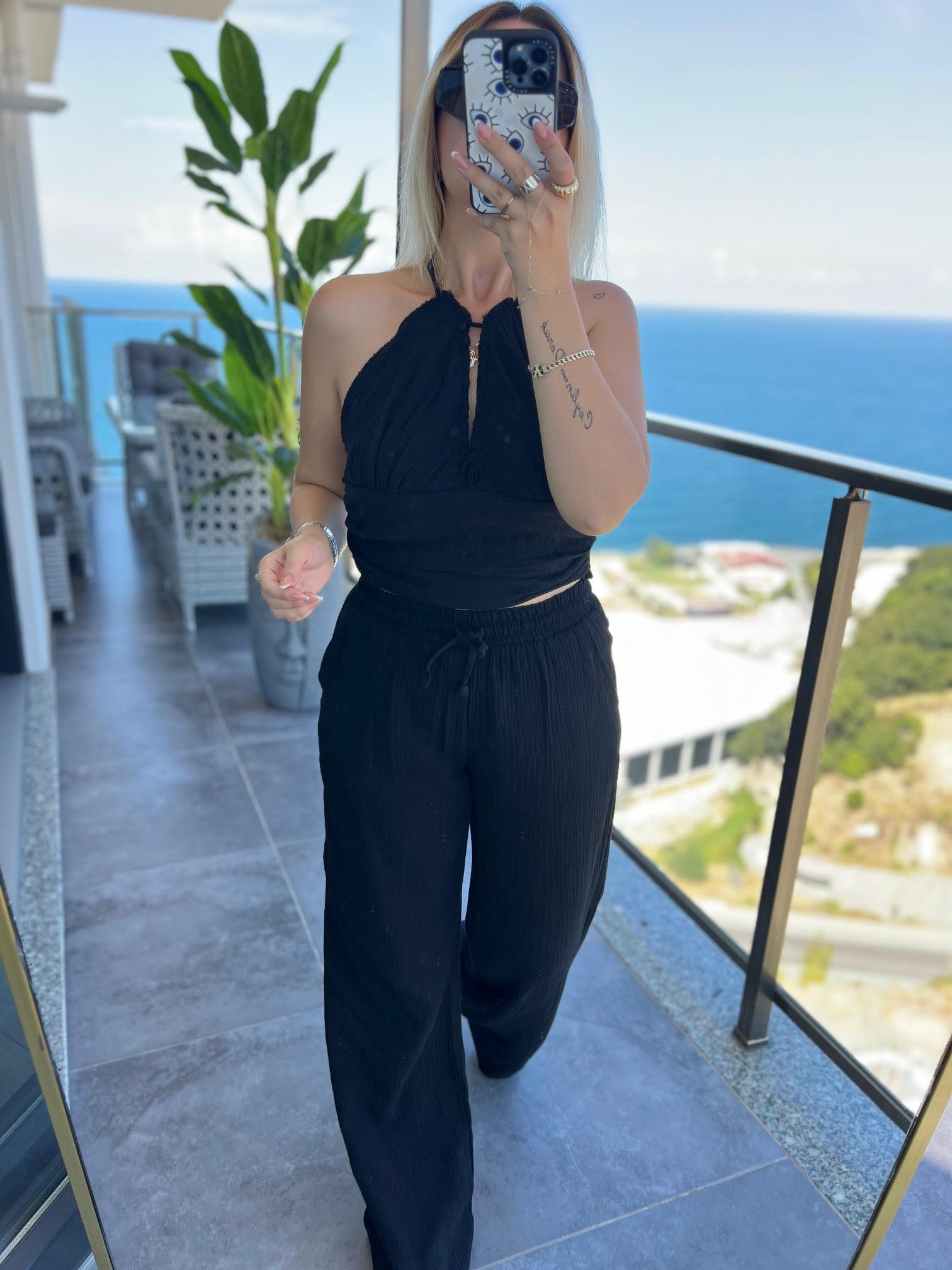98658 Crop Pantolon Yakım SİYAH