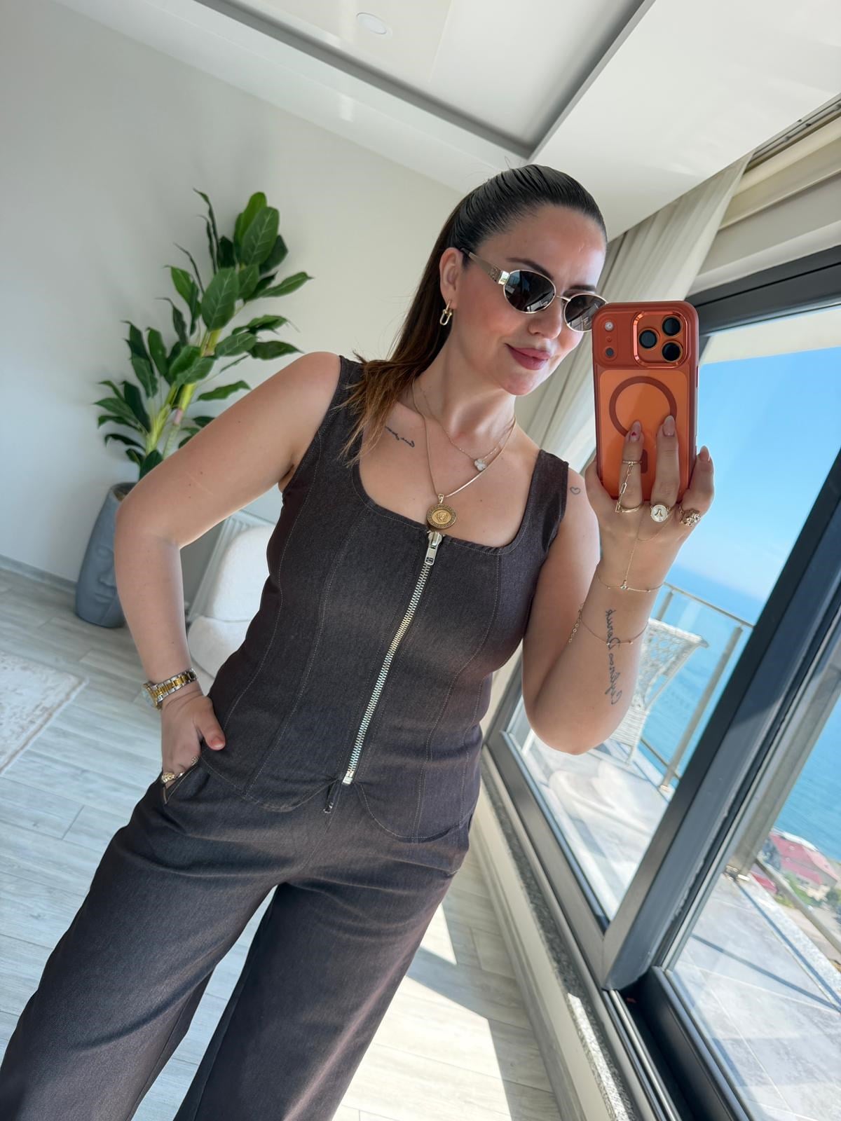 9931 Fermuarlı Bluz KAHVE