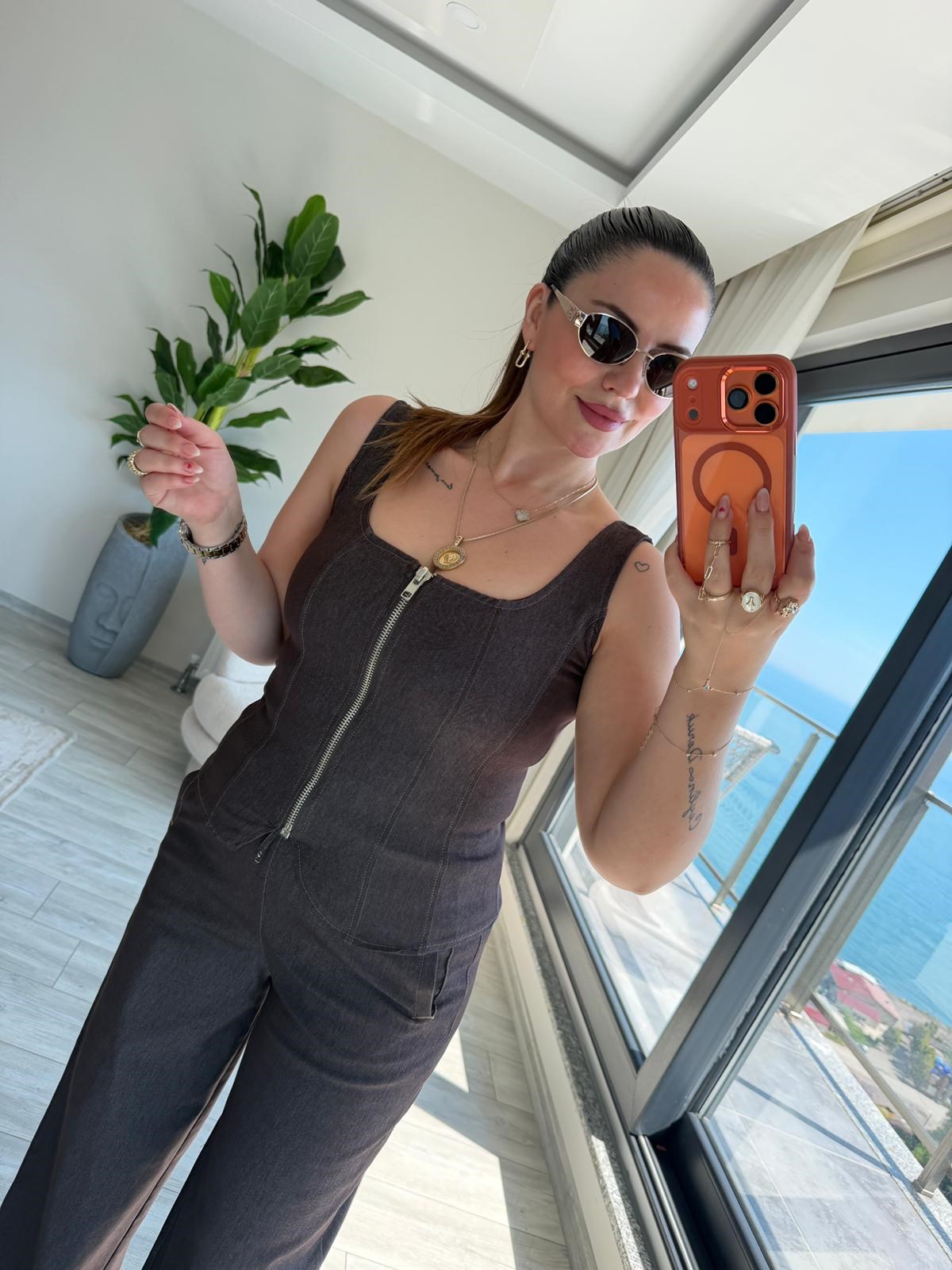 9931 Fermuarlı Bluz KAHVE