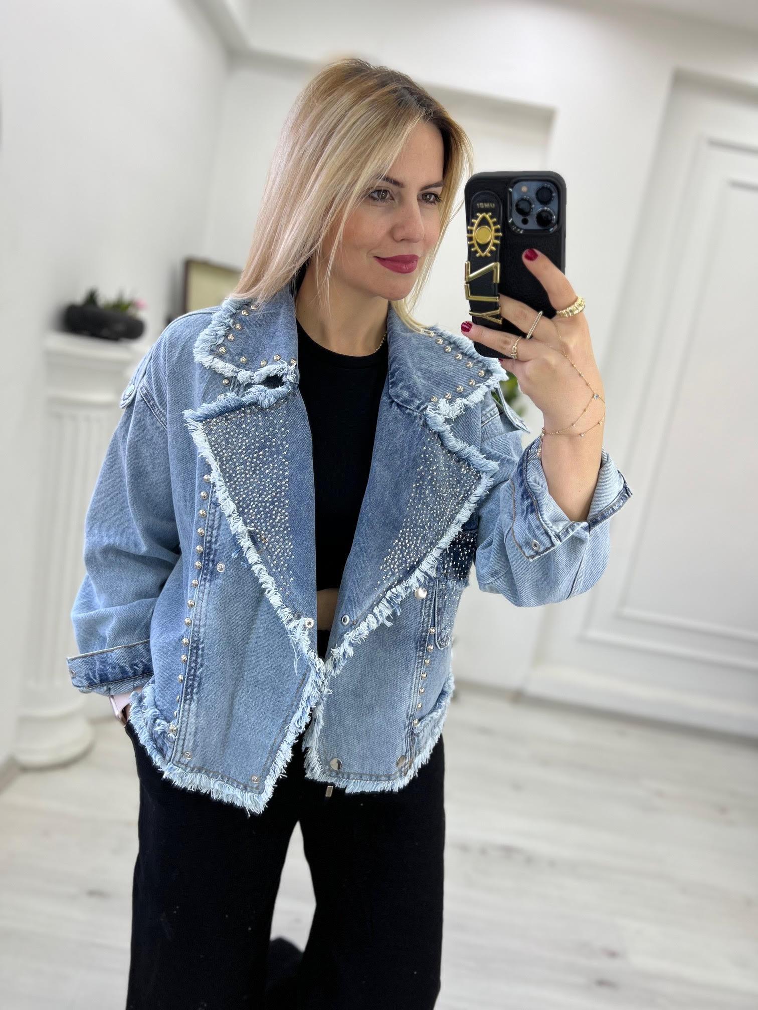 99382 Zımba ve Taş İşlemeli Jean Ceket MAVİ