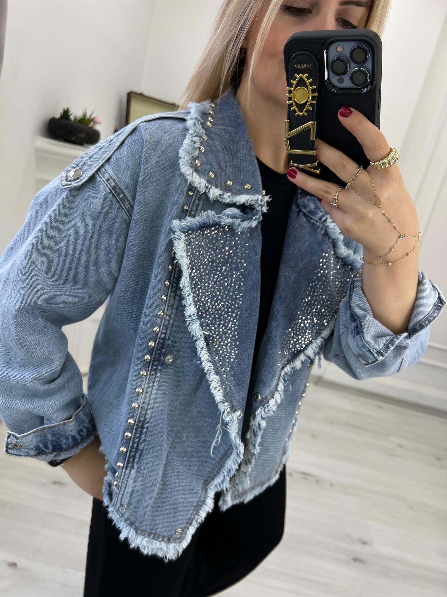 99382 Zımba ve Taş İşlemeli Jean Ceket MAVİ