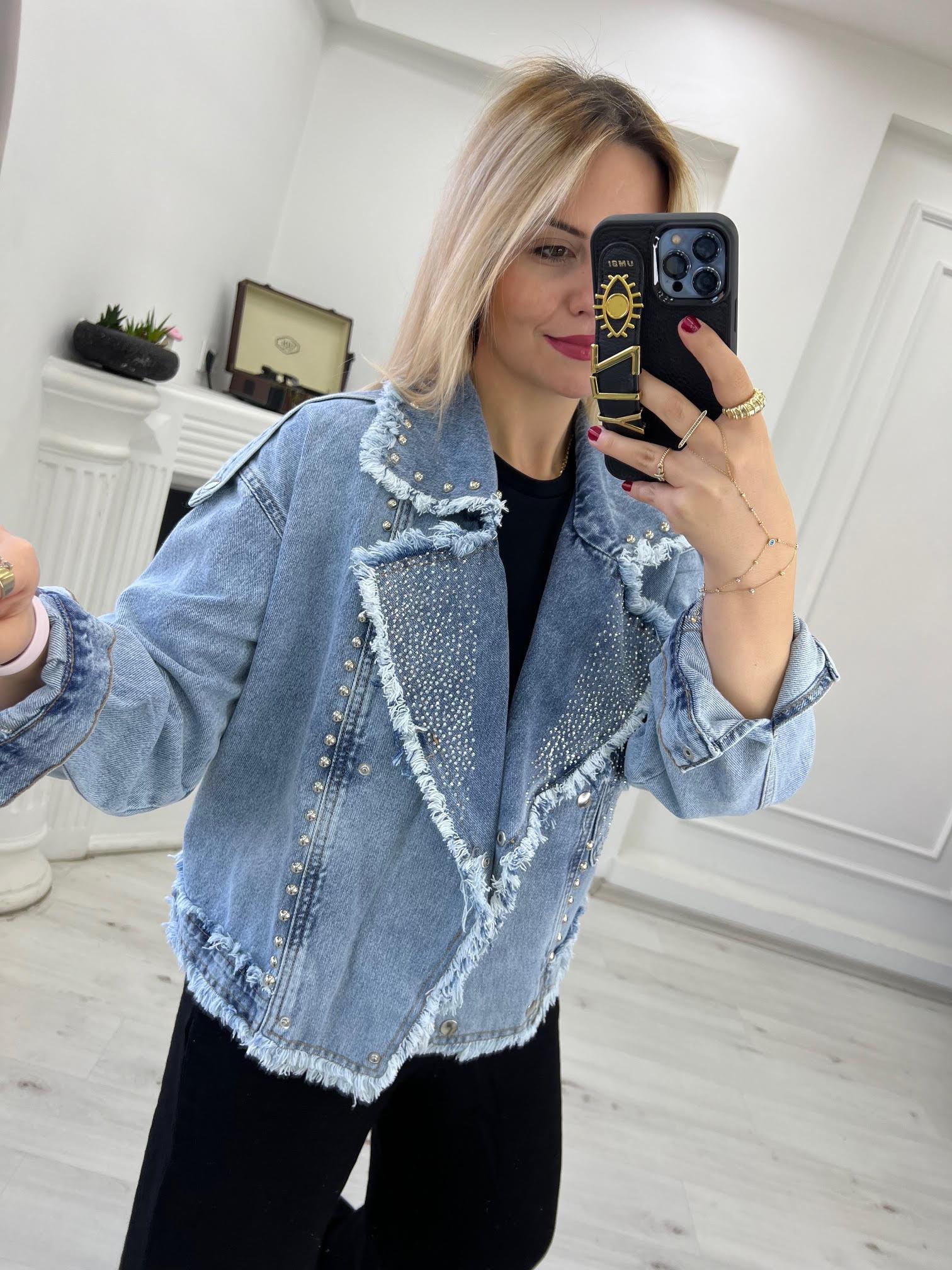 99382 Zımba ve Taş İşlemeli Jean Ceket MAVİ