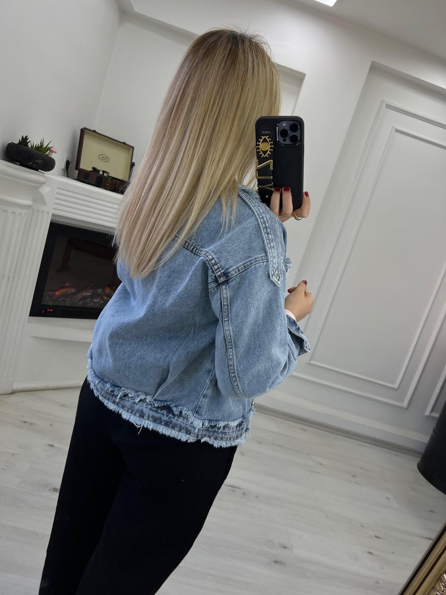 99382 Zımba ve Taş İşlemeli Jean Ceket MAVİ