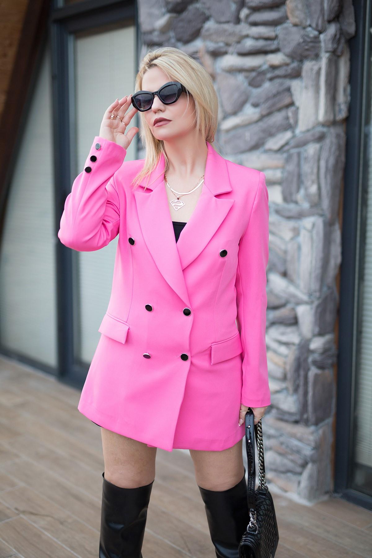 Çemberli Düğmeli Atlas Ceket PEMBE