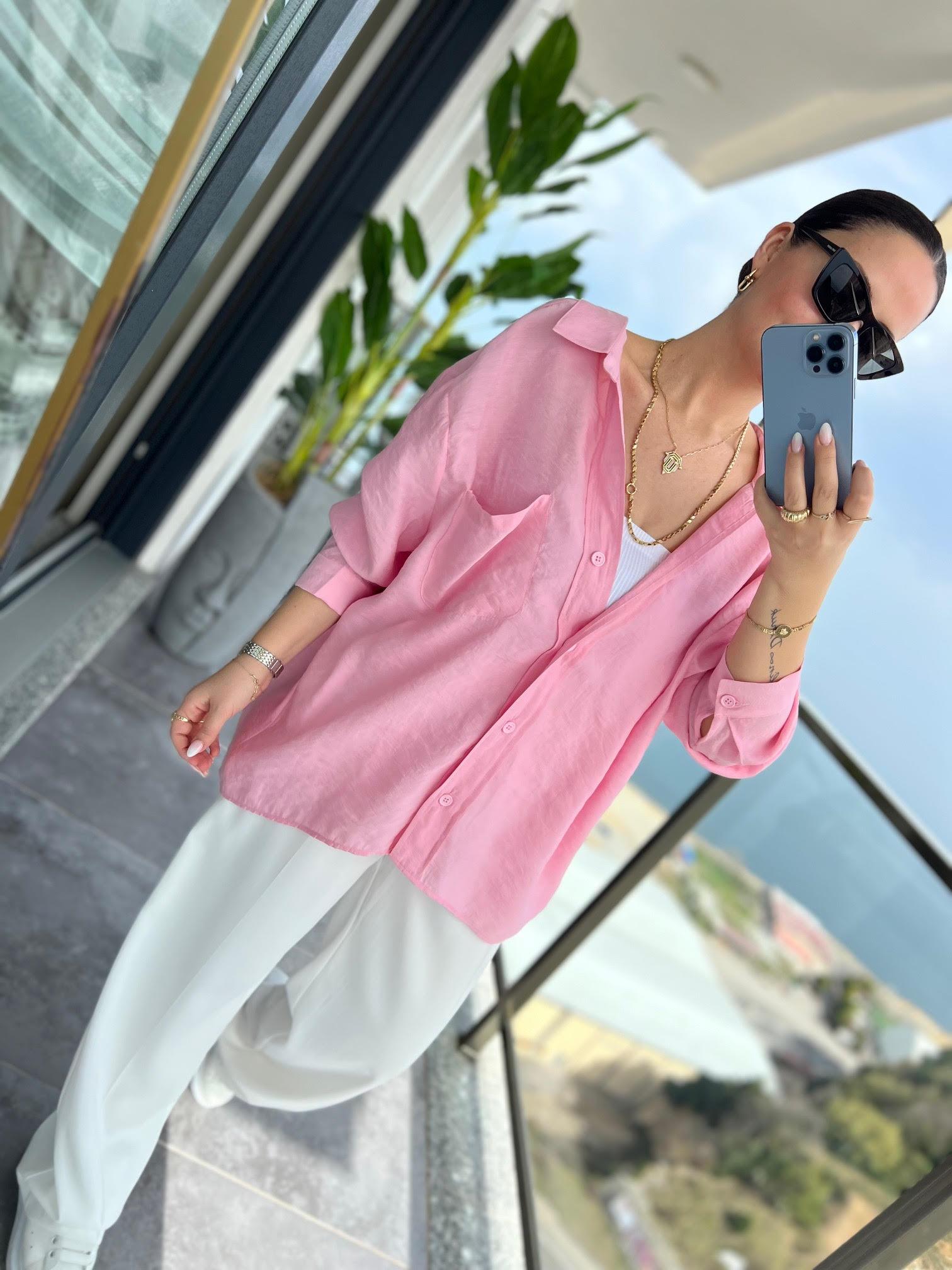 Düşük Omuz Owersize Gömlek PEMBE