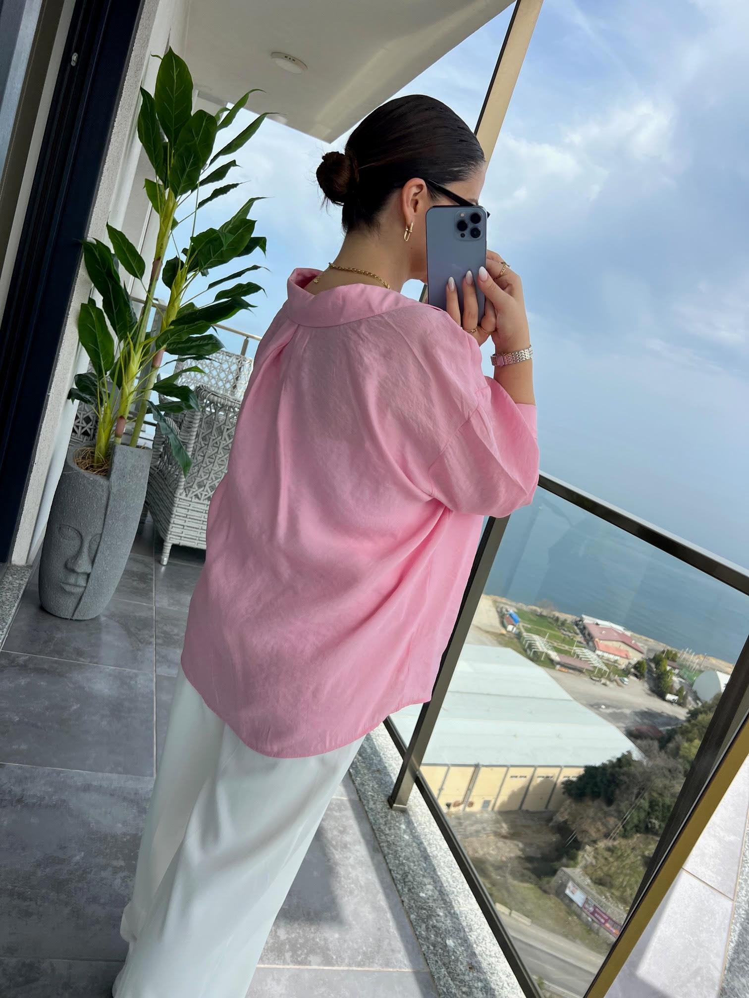 Düşük Omuz Owersize Gömlek PEMBE