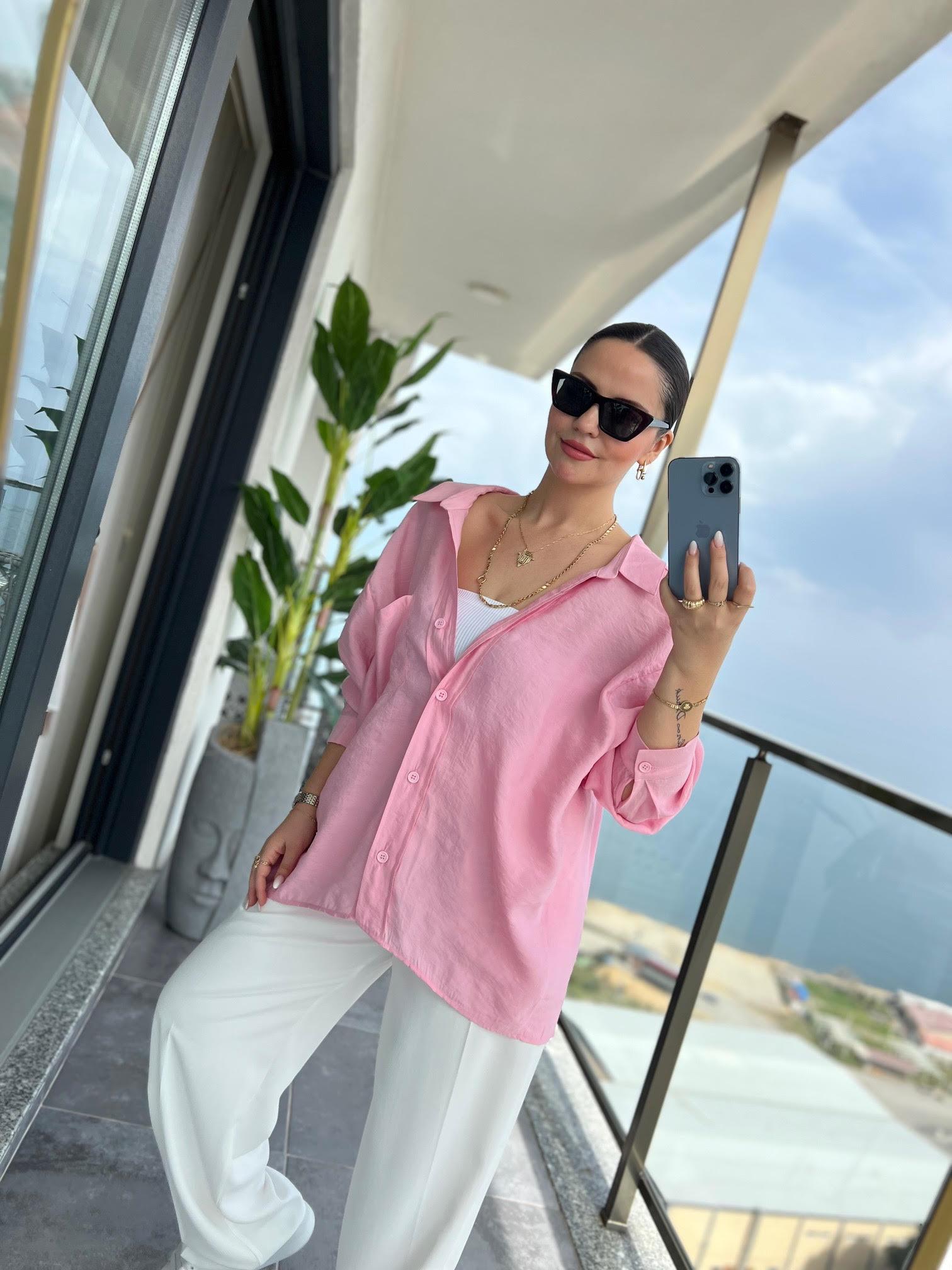 Düşük Omuz Owersize Gömlek PEMBE