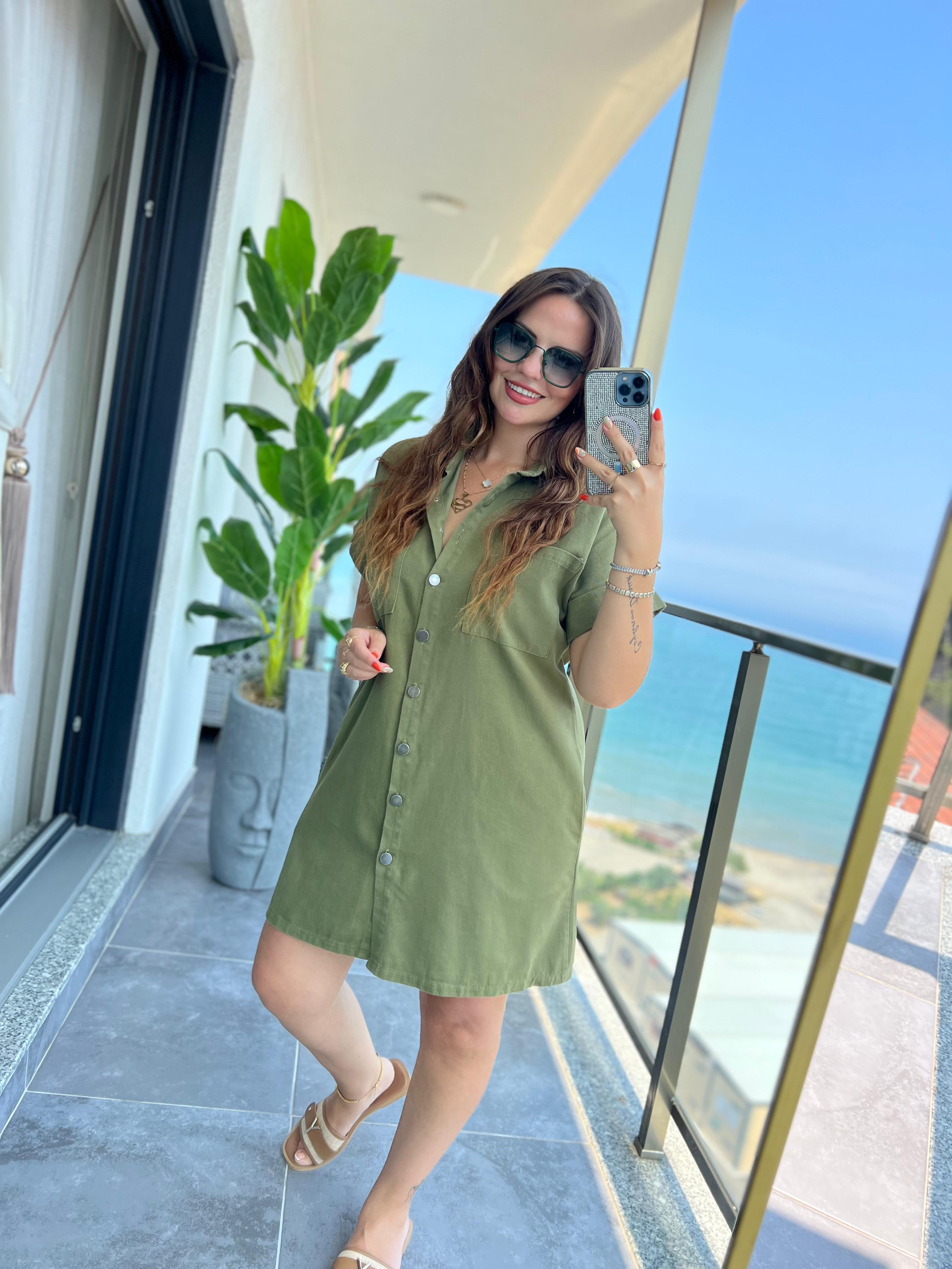 Gabardin Yıkamalı Elbise HAKİ YEŞİL