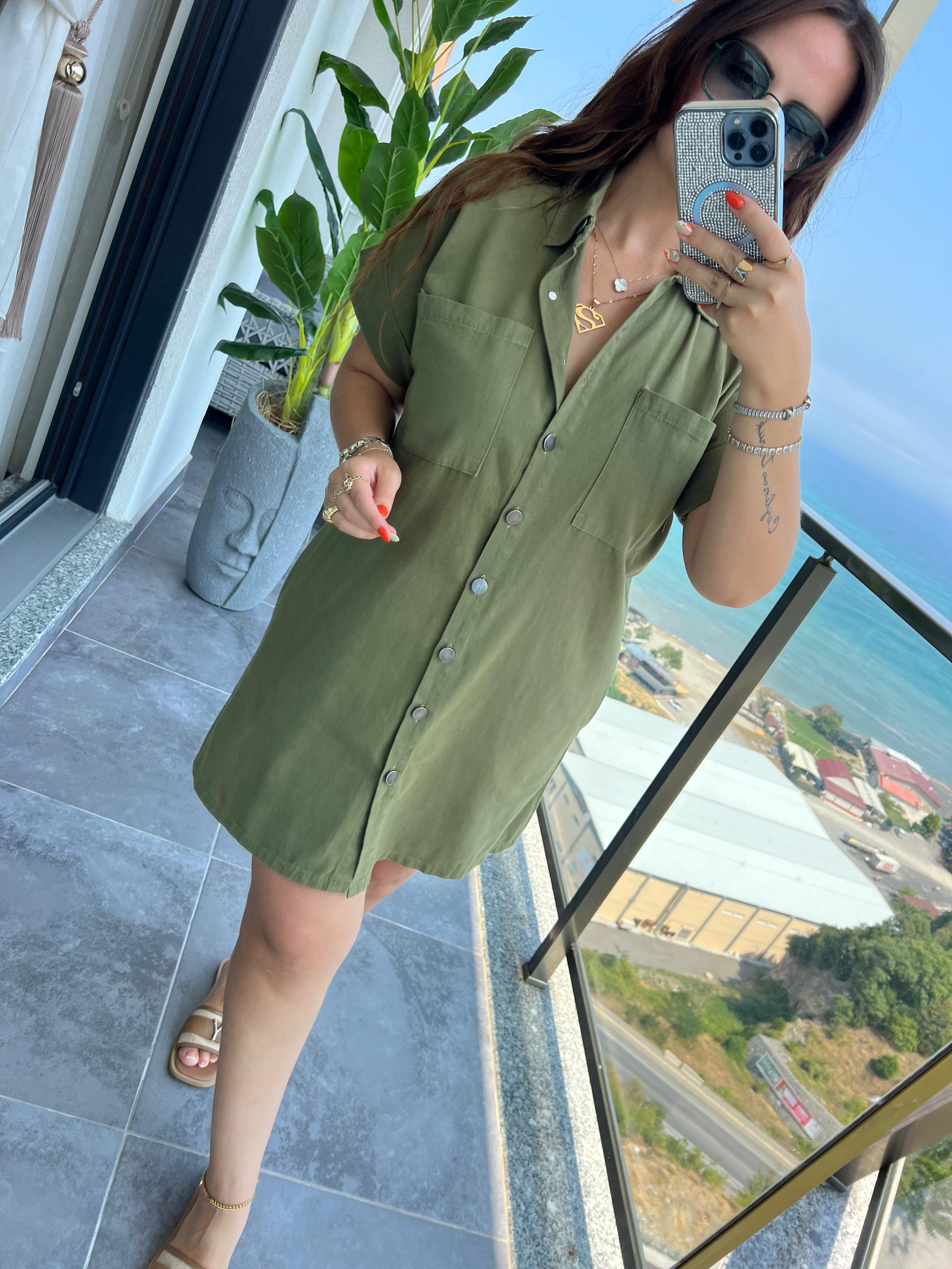 Gabardin Yıkamalı Elbise HAKİ YEŞİL
