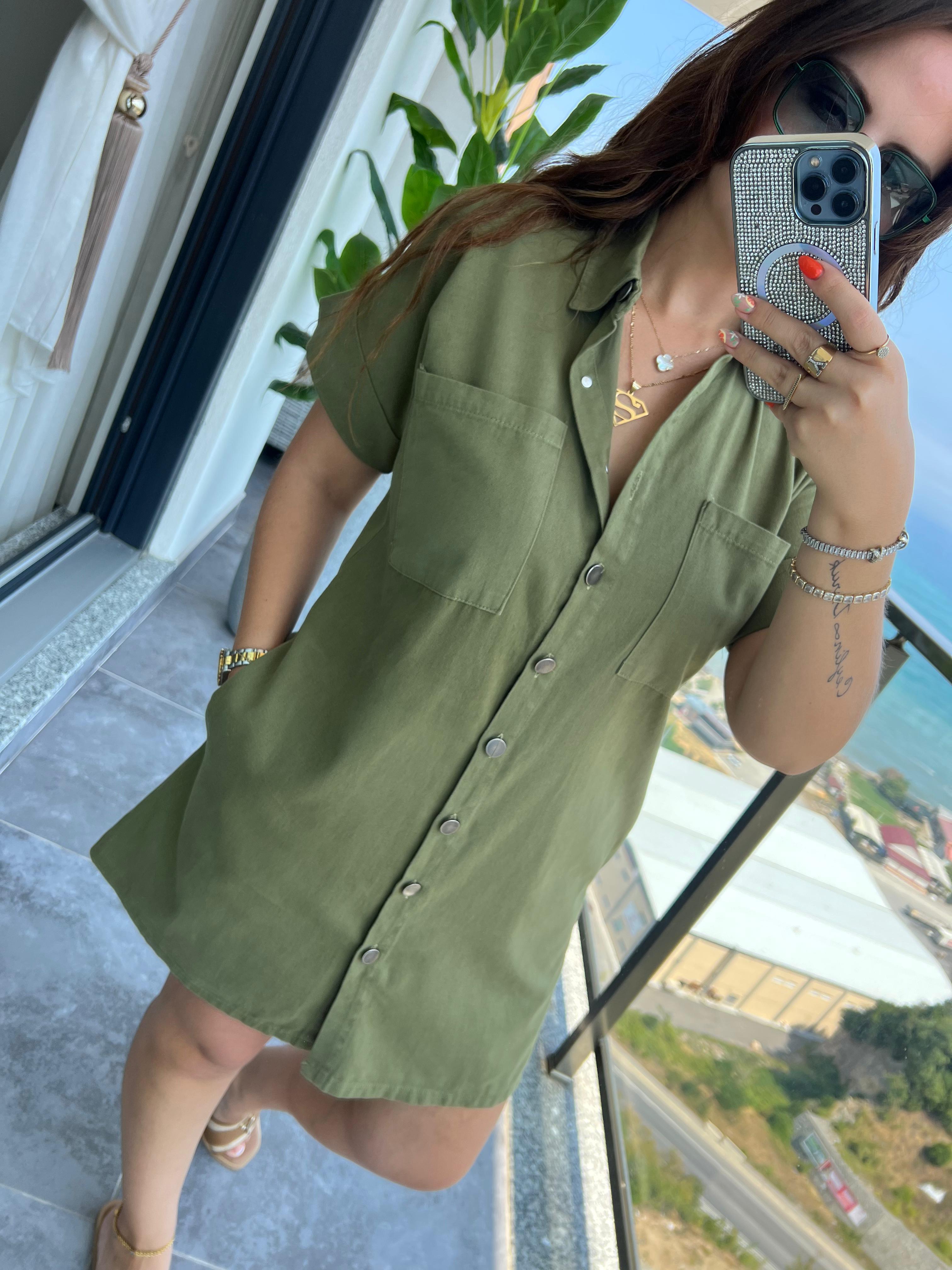 Gabardin Yıkamalı Elbise HAKİ YEŞİL