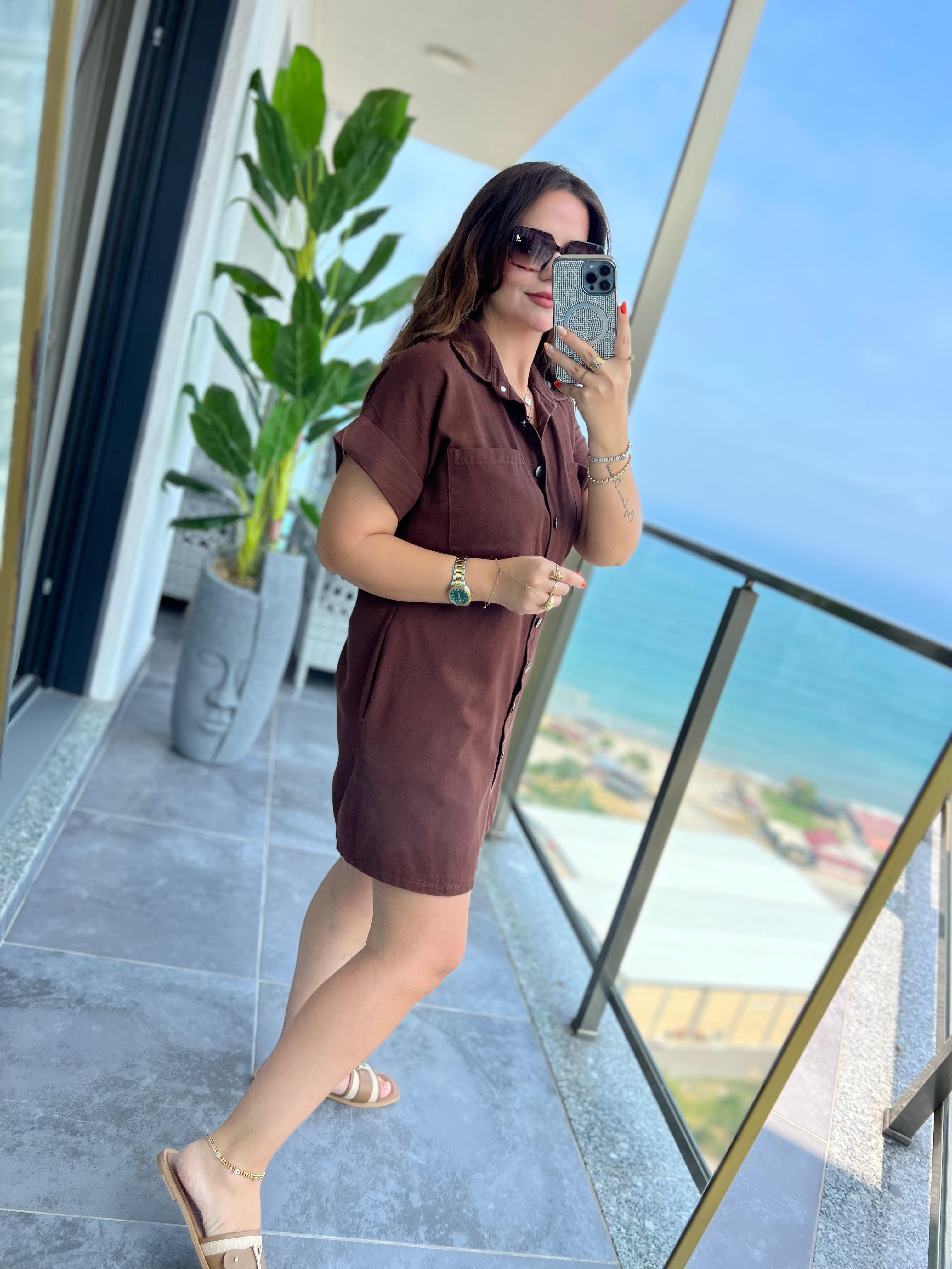 Gabardin Yıkamalı Elbise KAHVE