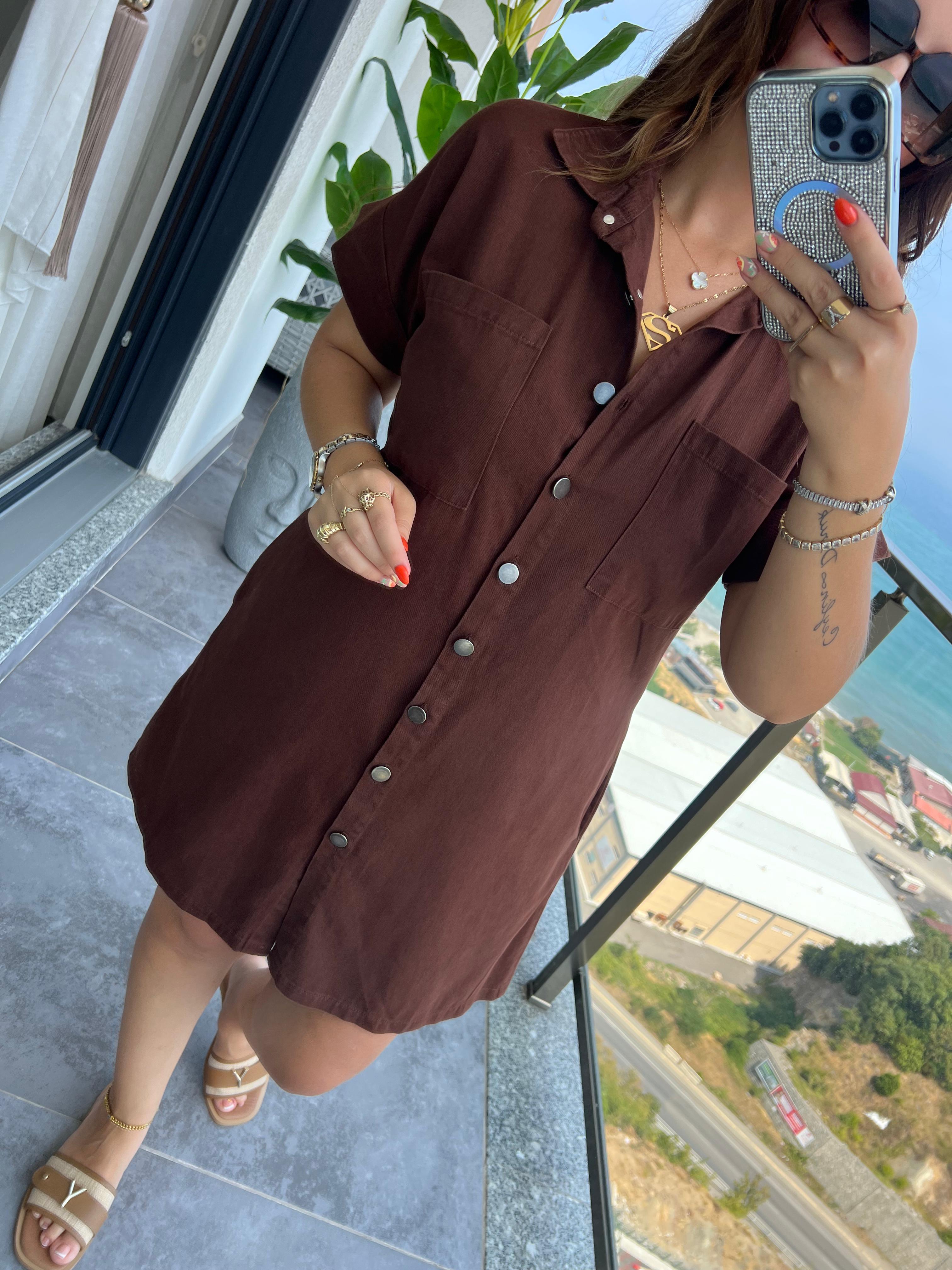 Gabardin Yıkamalı Elbise KAHVE