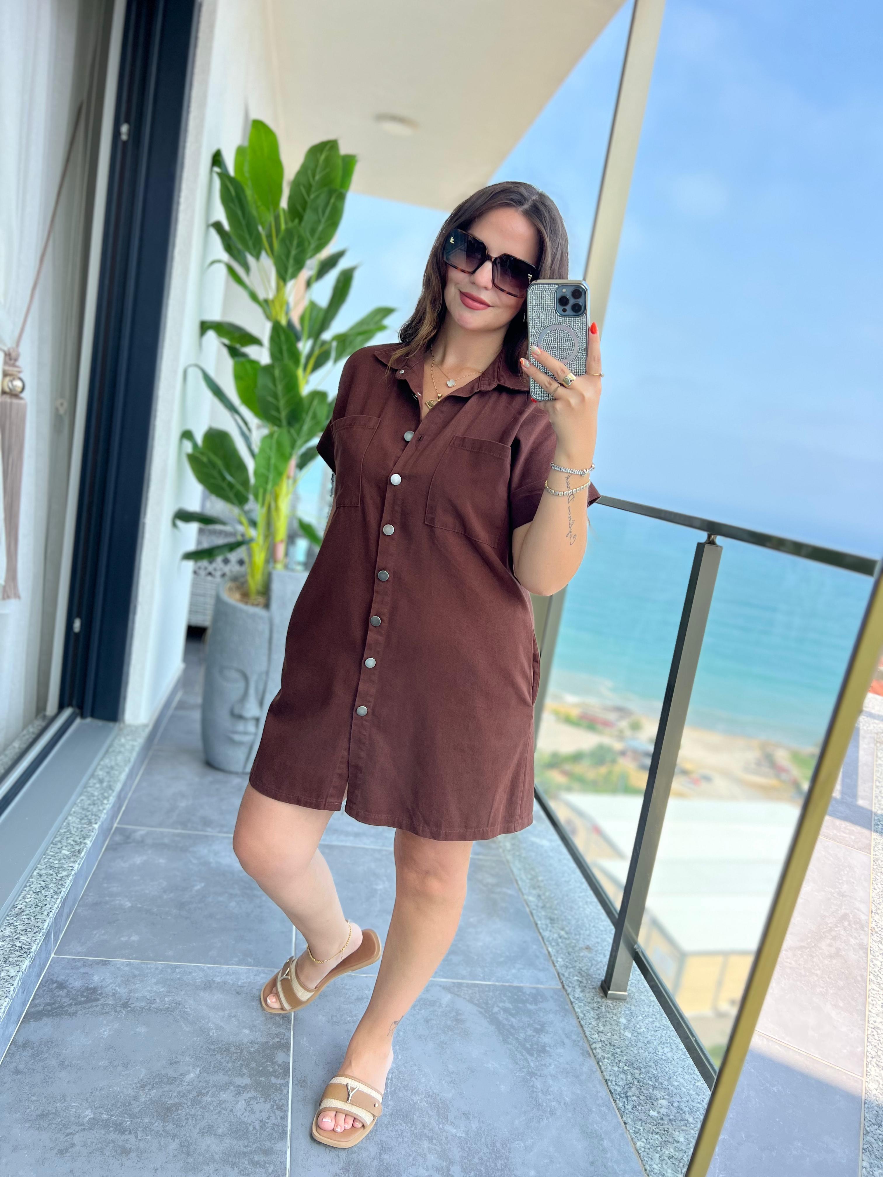 Gabardin Yıkamalı Elbise KAHVE