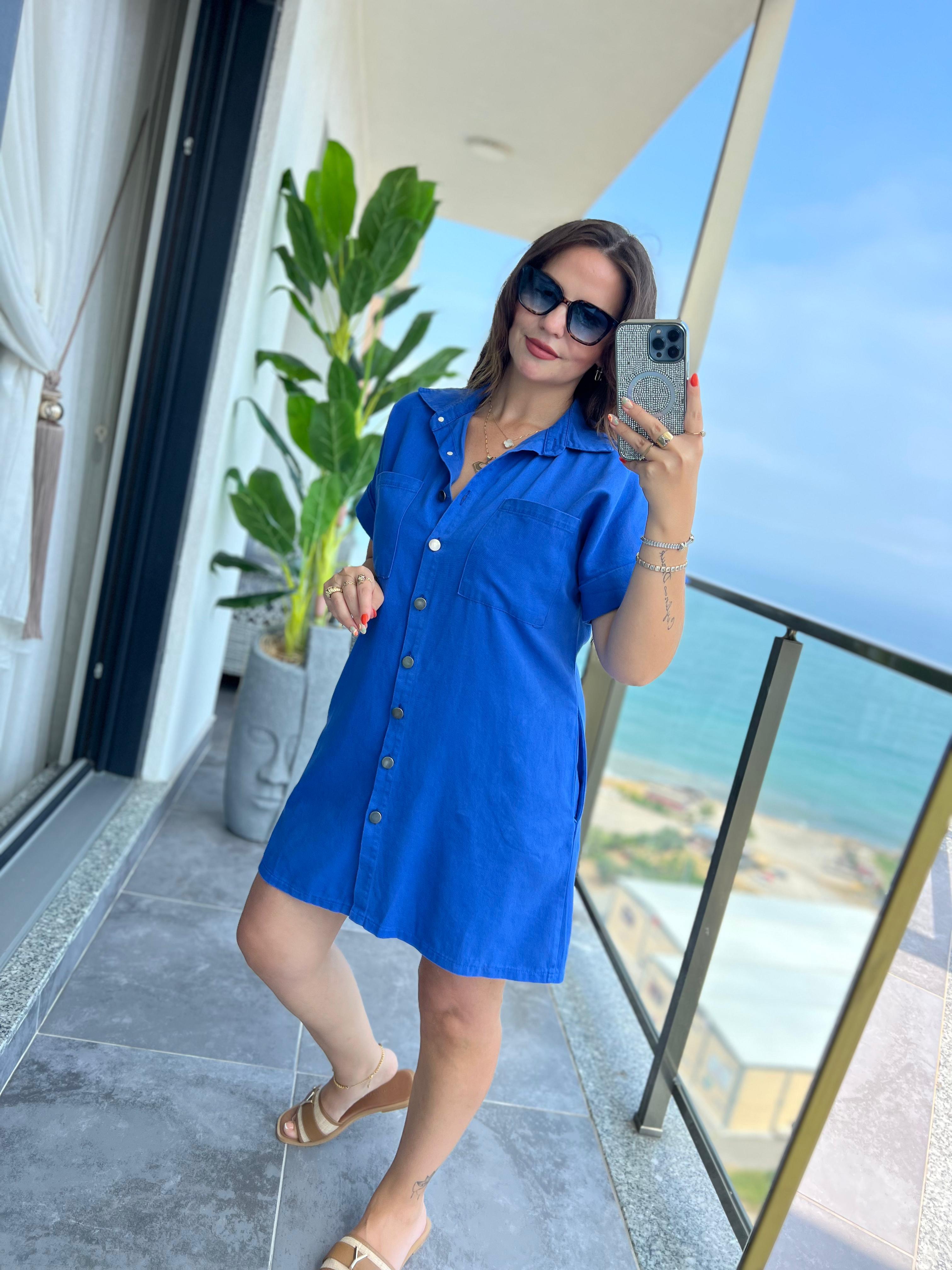 Gabardin Yıkamalı Elbise MAVİ