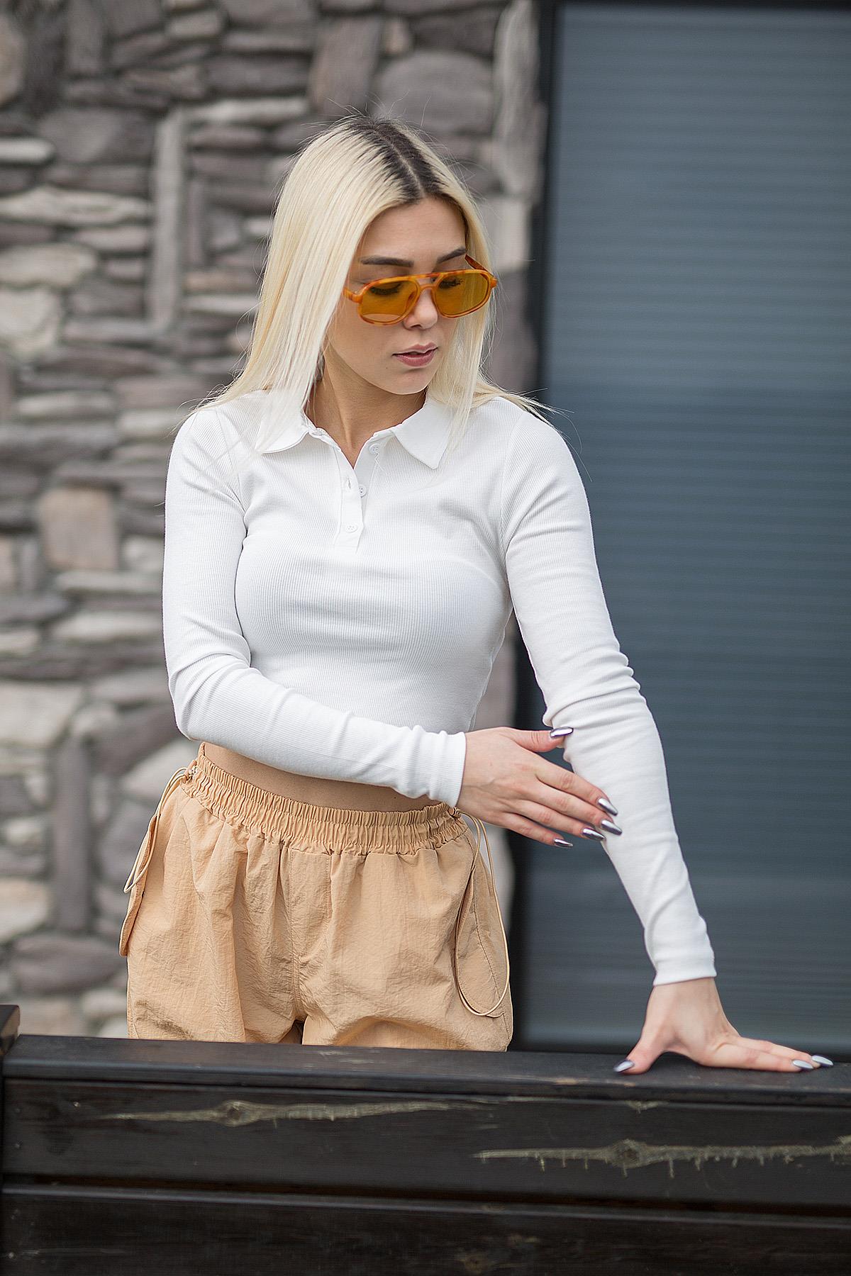 Gömlek Yaka 3 Düğmeli Crop BEYAZ