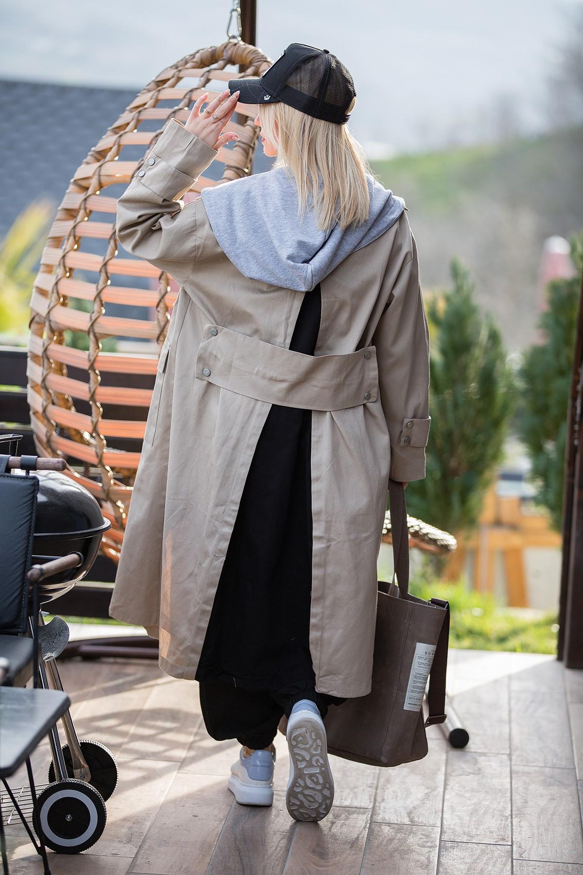 Gri Kapüşonlu Trenchcoat VİZON