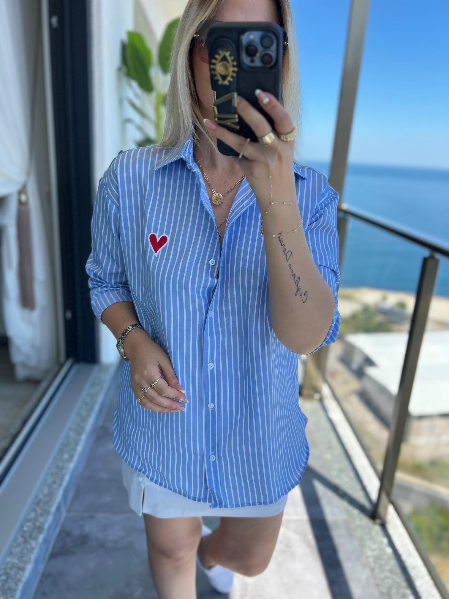 Kalp Nakışlı Gömlek BEBE MAVİ