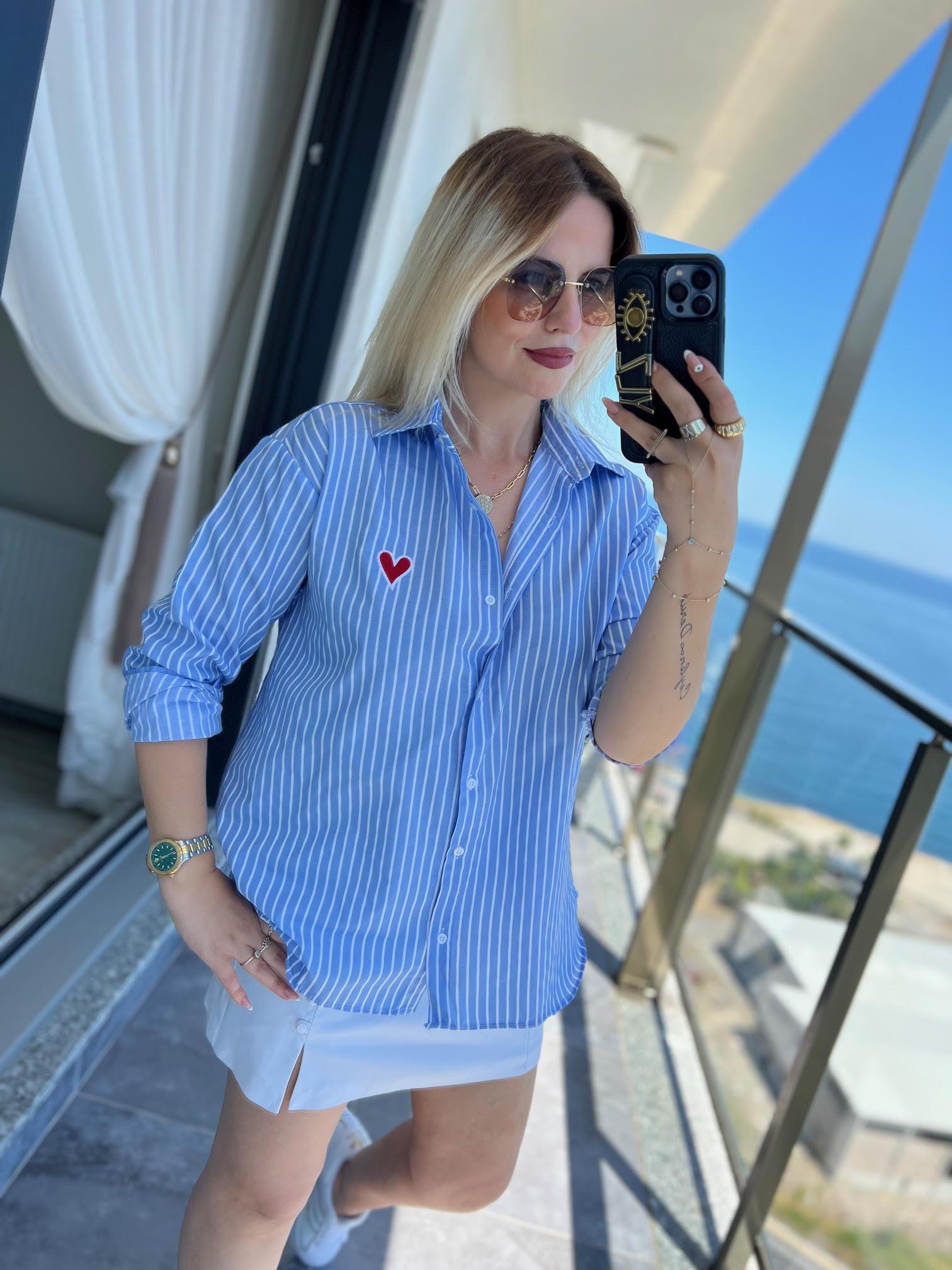 Kalp Nakışlı Gömlek BEBE MAVİ