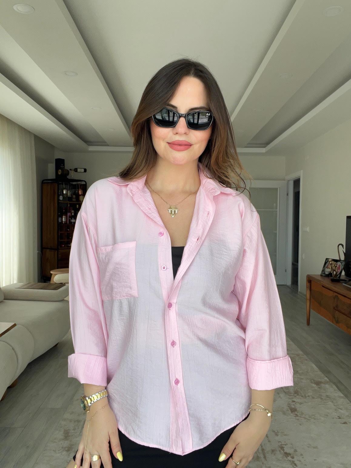 Kendinden Çizgili Gömlek PEMBE