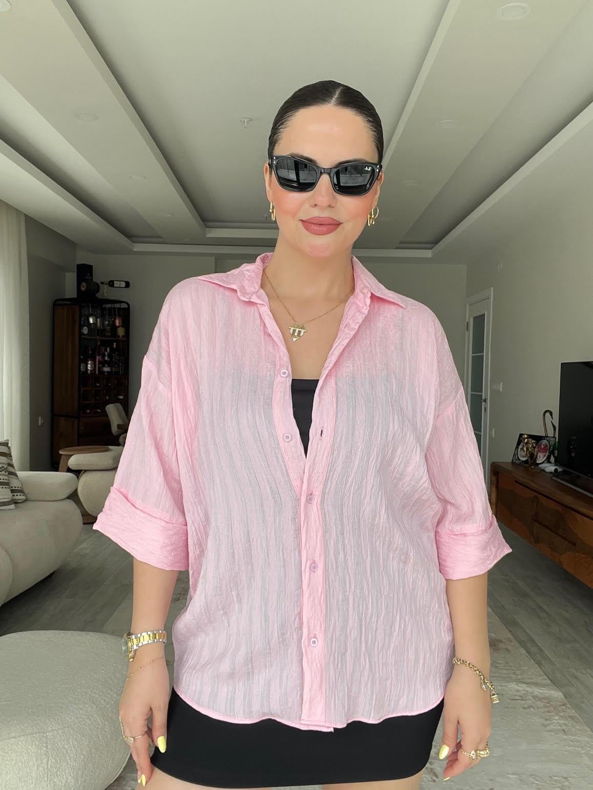 Kısa Kollu Arka Detay Gömlek PEMBE
