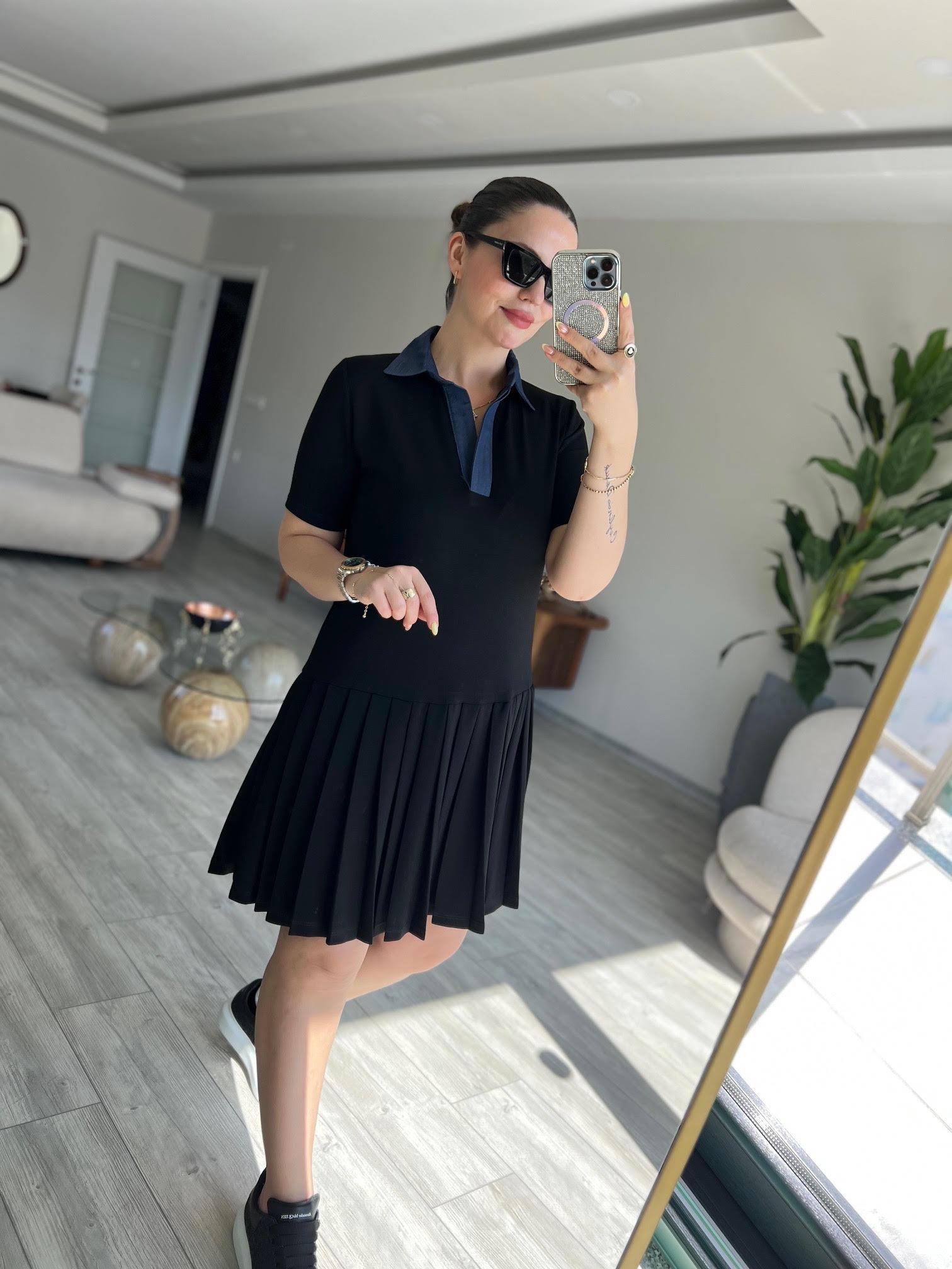 Kot Yaka Pileli Elbise SİYAH