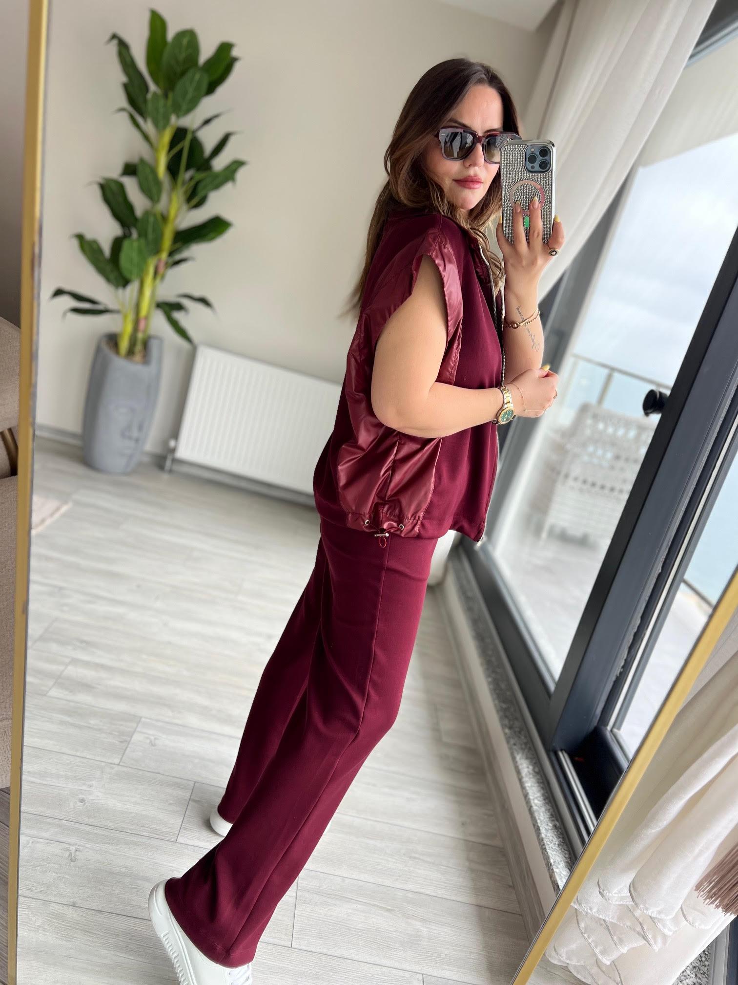 Paraşüt Detay Yelekli Takım BORDO