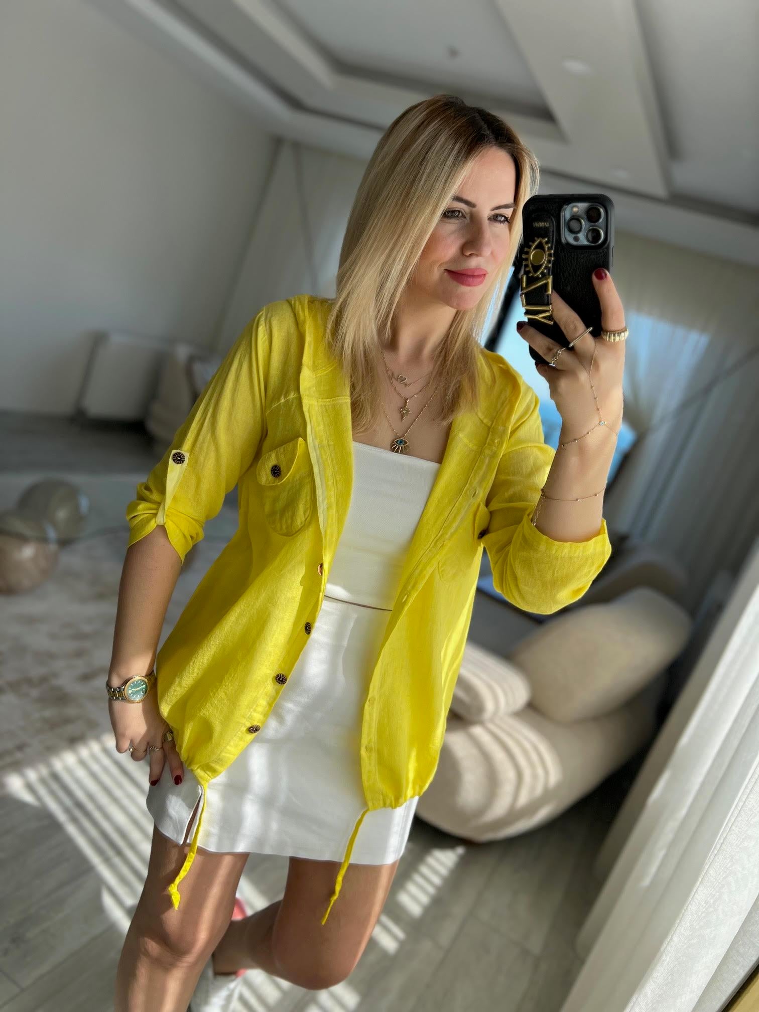 Pullu Uzun Kol Keten Gömlek SARI
