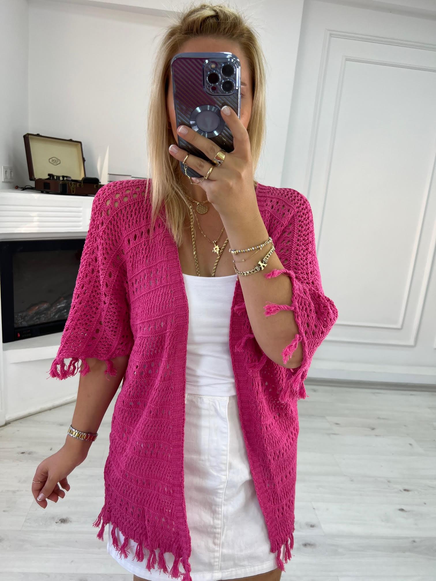 Püsküllü Uzun File Hırka PEMBE