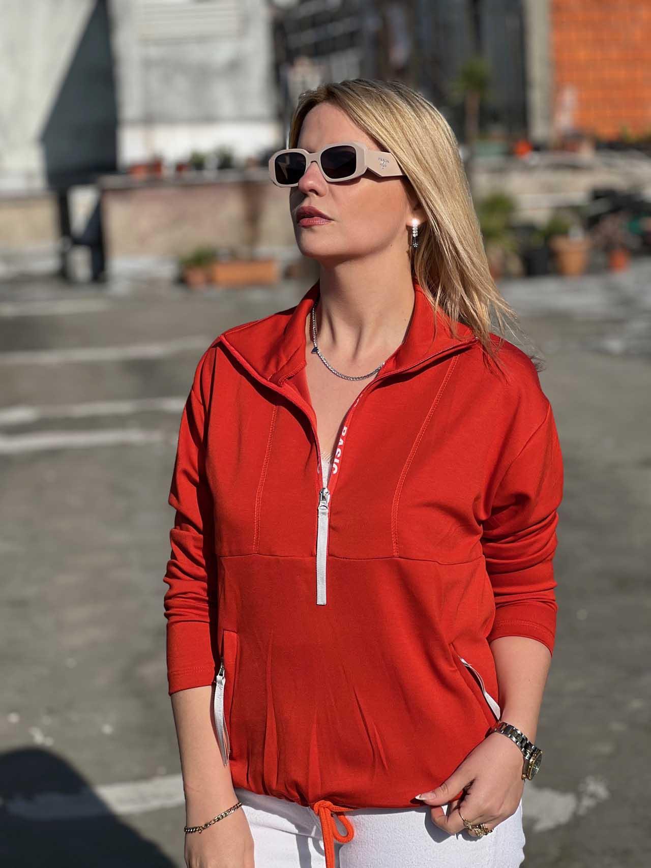 Scuba Kumaş Yarım Fermuar Sweat KİREMİT