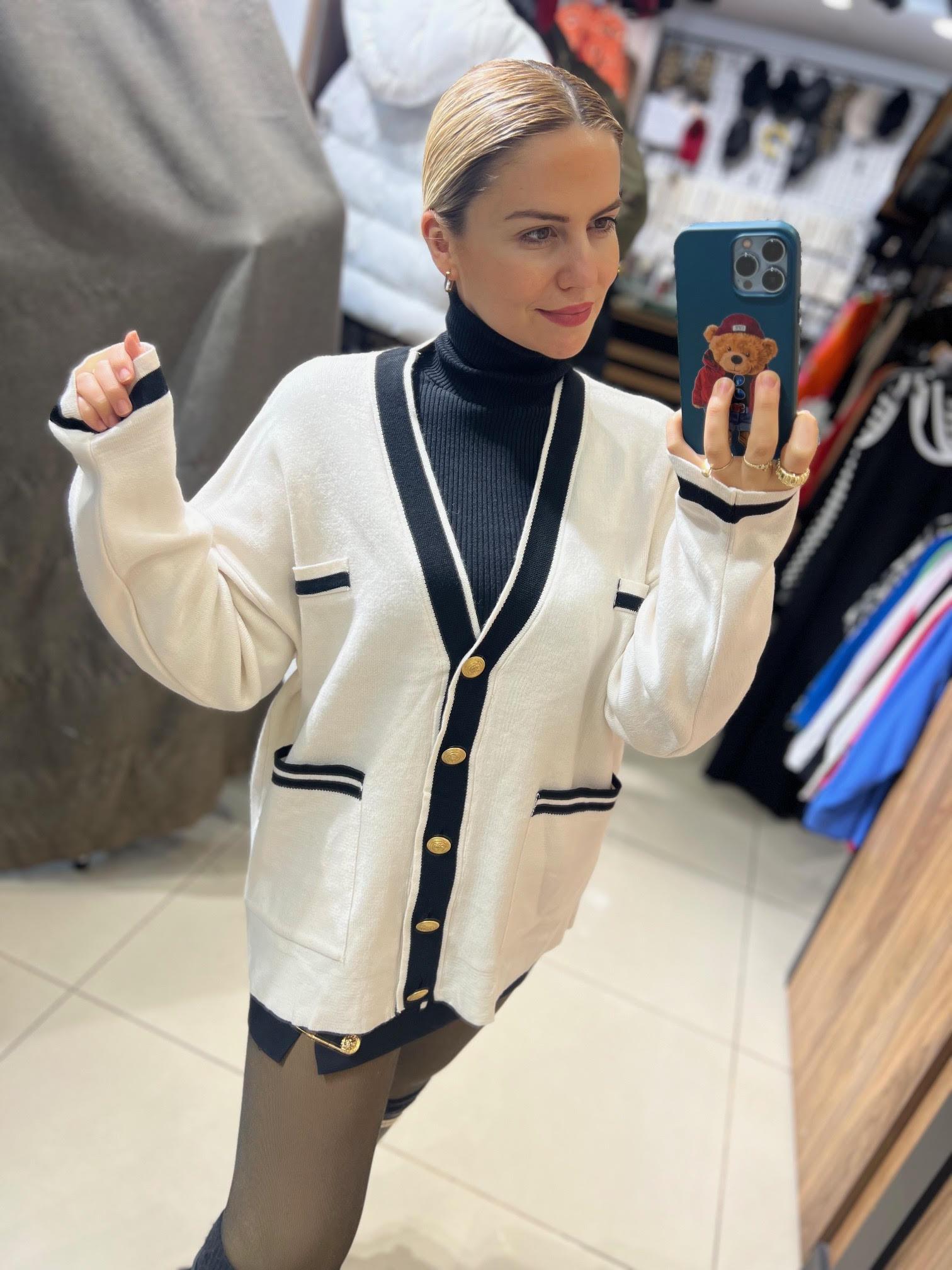 Şerit Detay Cepli Hırka BEYAZ