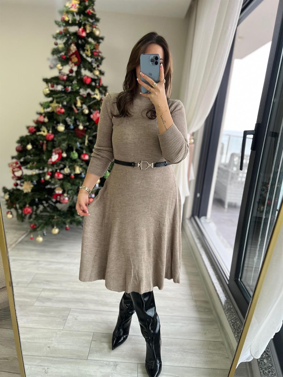 004 Kemerli Elbise VİZON