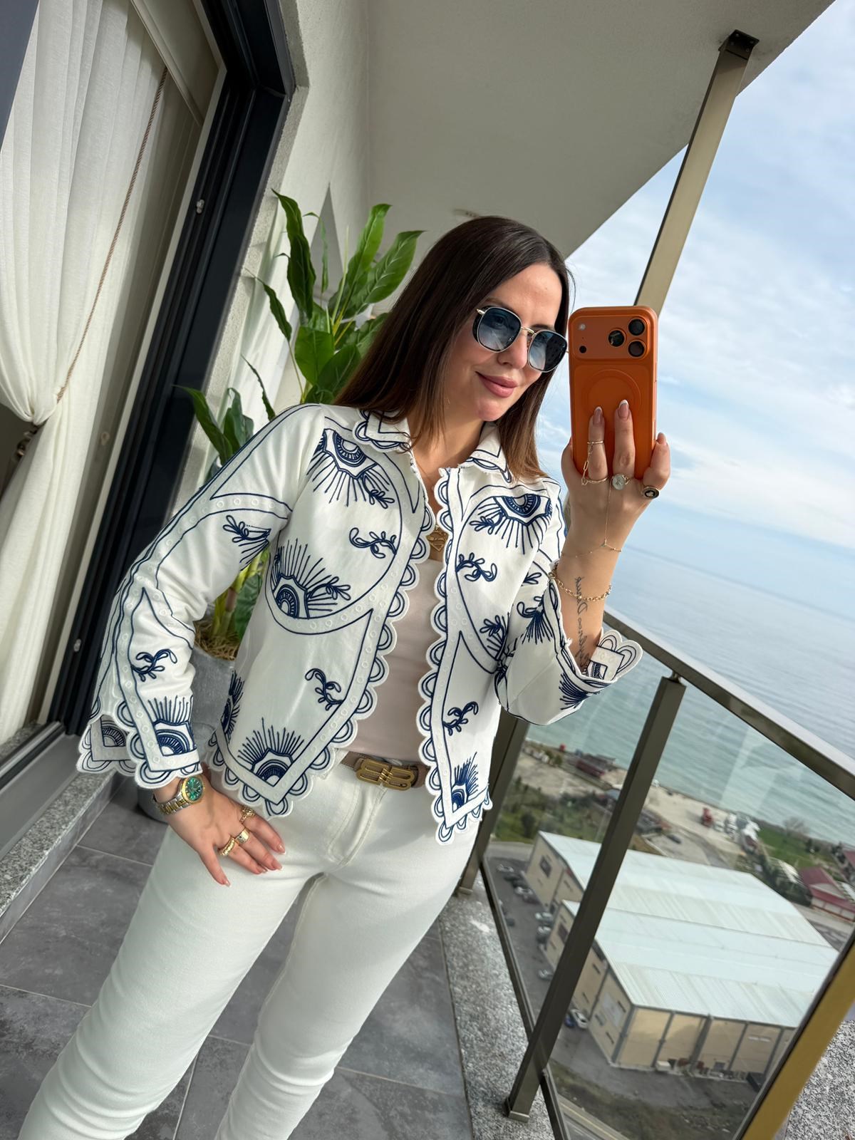010 Göz Desen Nakışlı Ceket EKRU