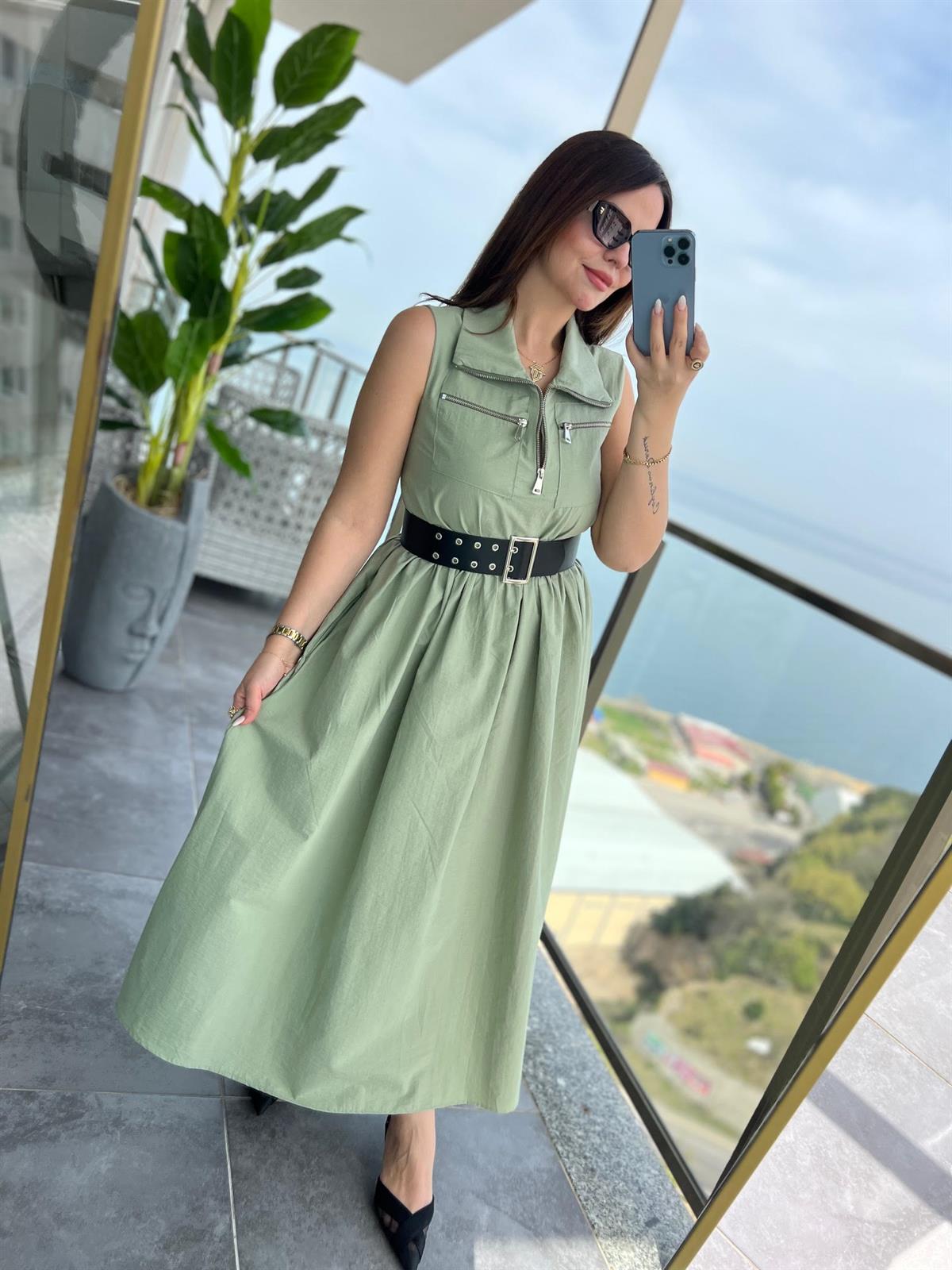 0161 Kemerli Elbise HAKİ YEŞİL