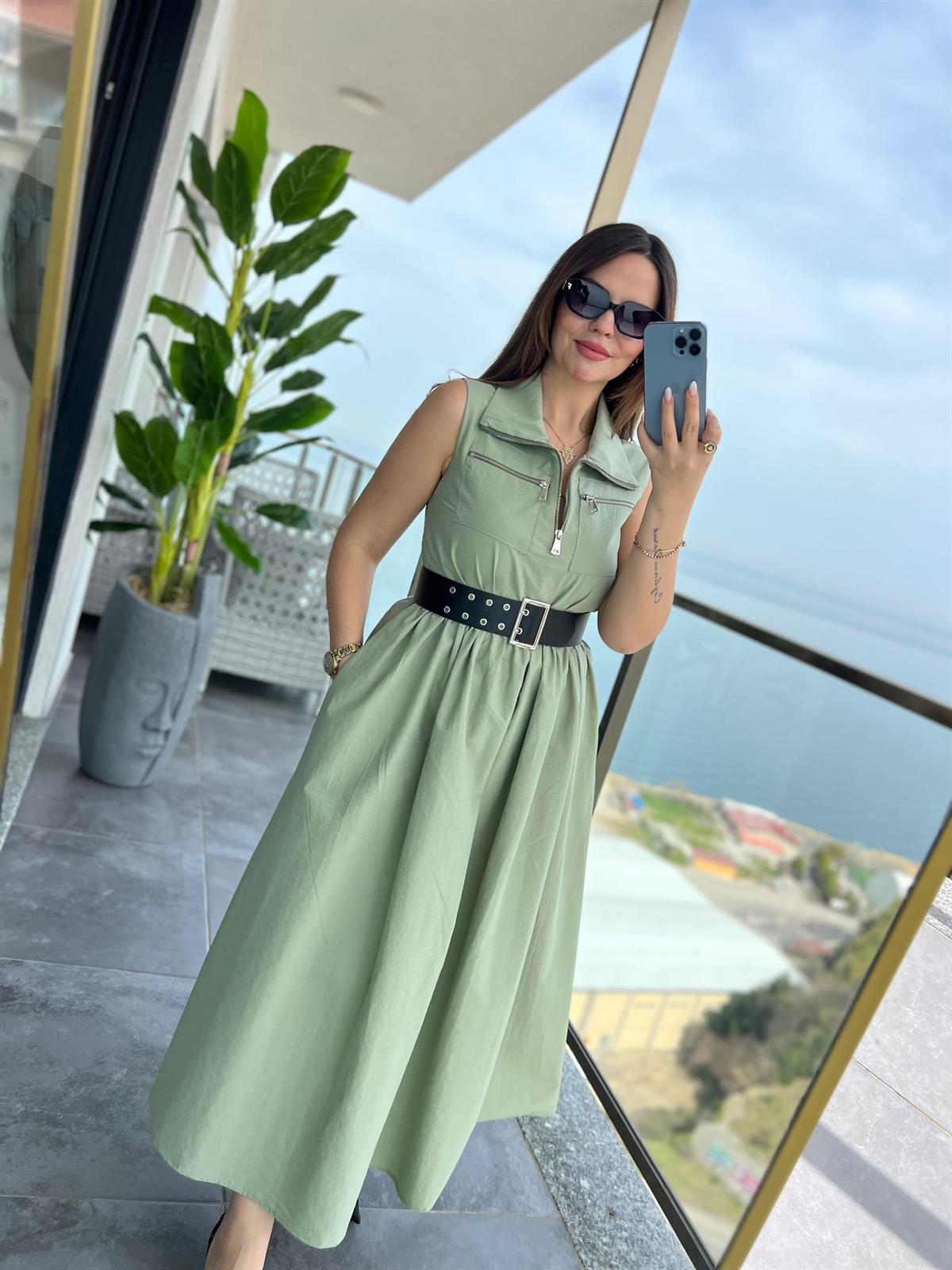 0161 Kemerli Elbise HAKİ YEŞİL