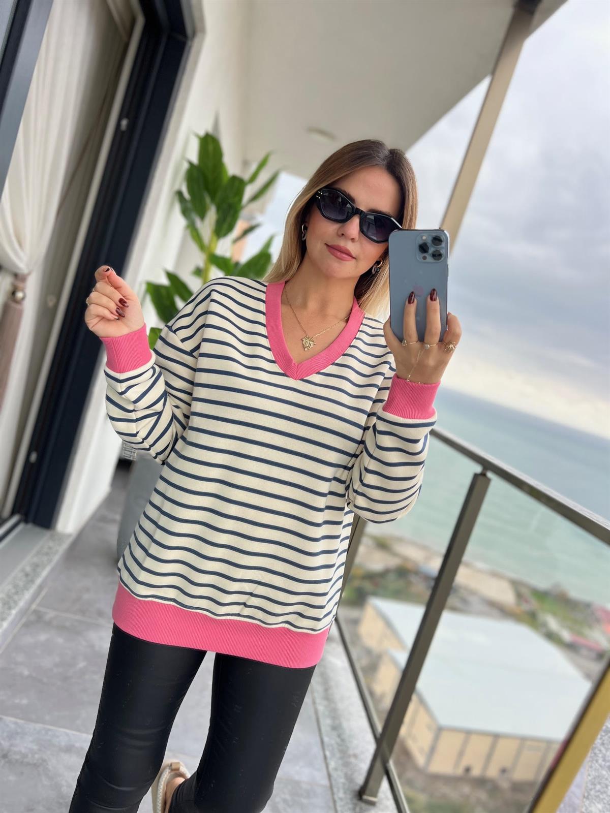 019 V Yakaı İçi Şardonlu Sweat LACİVERT
