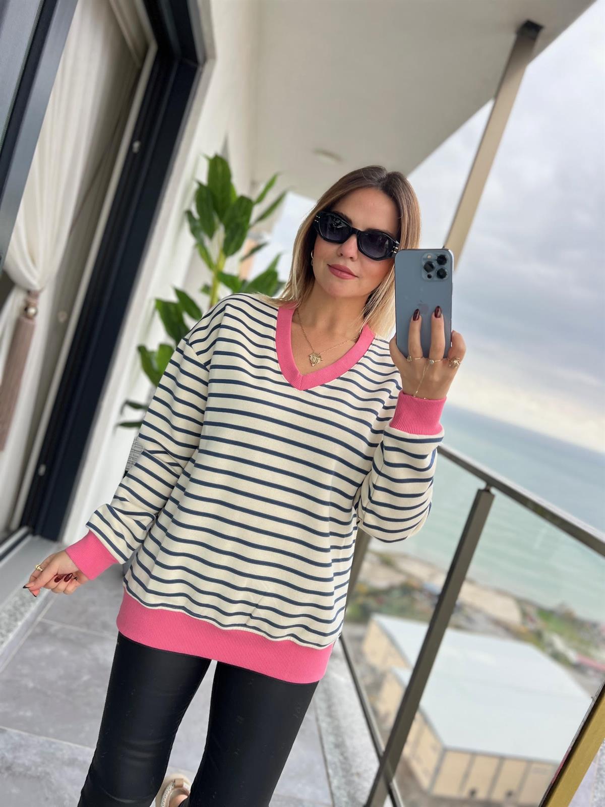 019 V Yakaı İçi Şardonlu Sweat LACİVERT