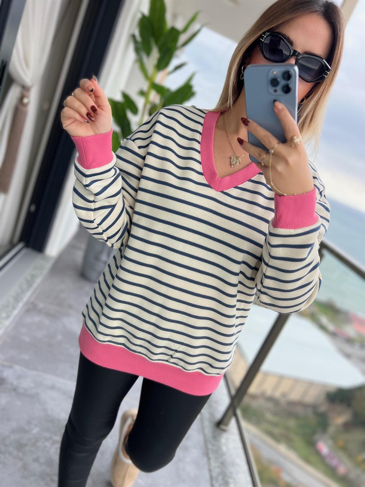 019 V Yakaı İçi Şardonlu Sweat LACİVERT