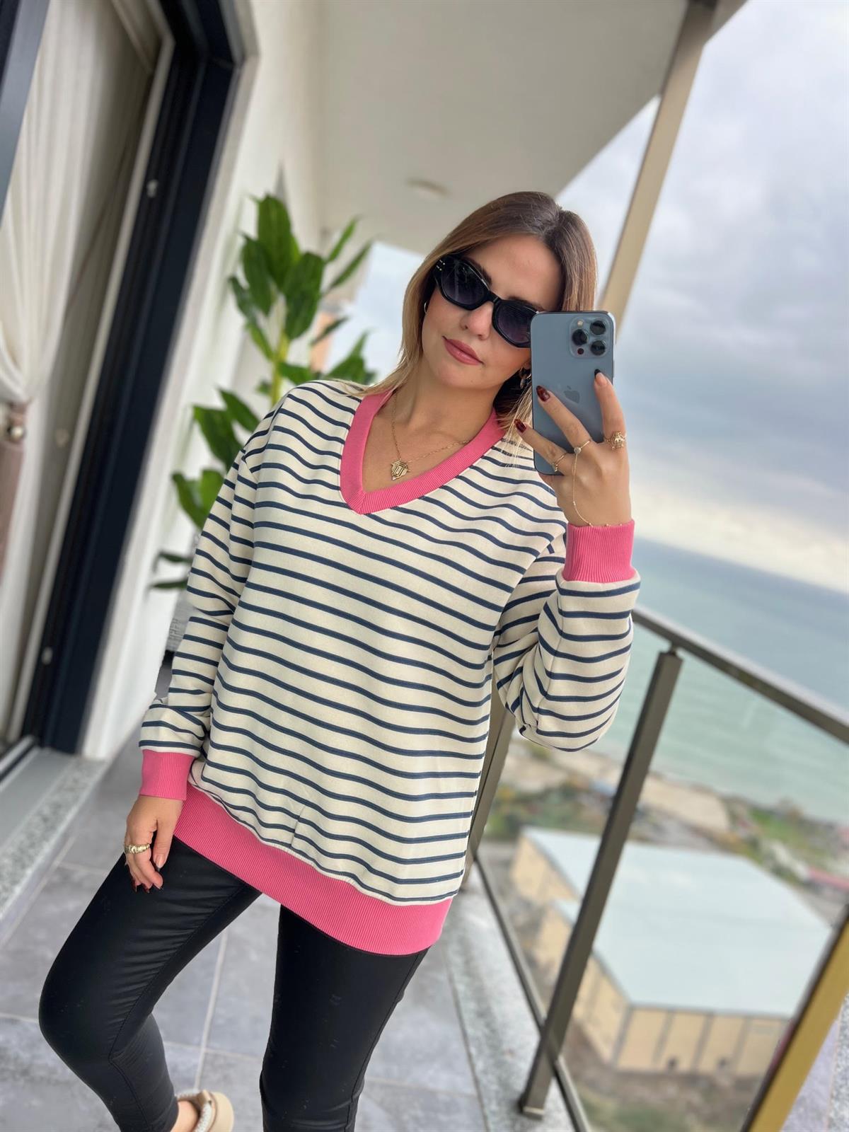 019 V Yakaı İçi Şardonlu Sweat LACİVERT