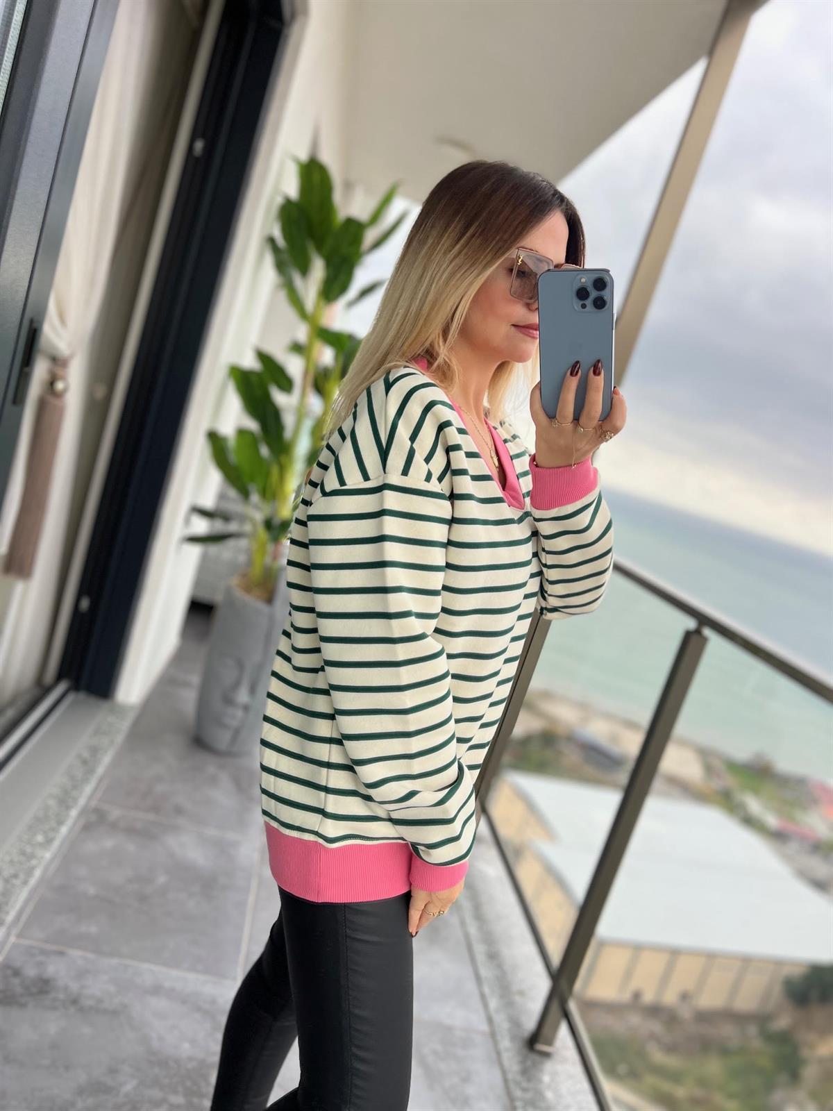 019 V Yakaı İçi Şardonlu Sweat YEŞİL