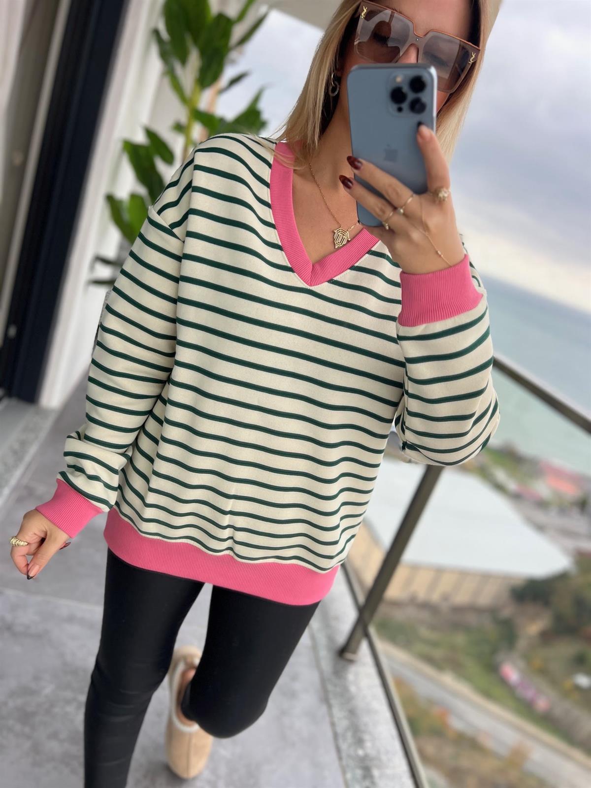 019 V Yakaı İçi Şardonlu Sweat YEŞİL