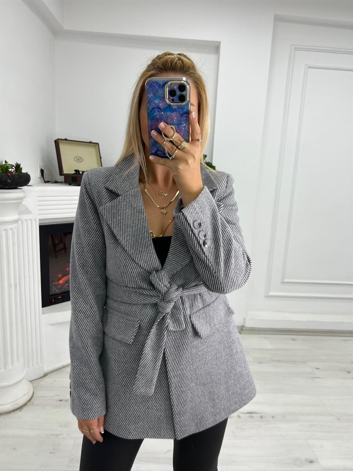 02046 Kaşe Kuşaklı Ceket GRİ