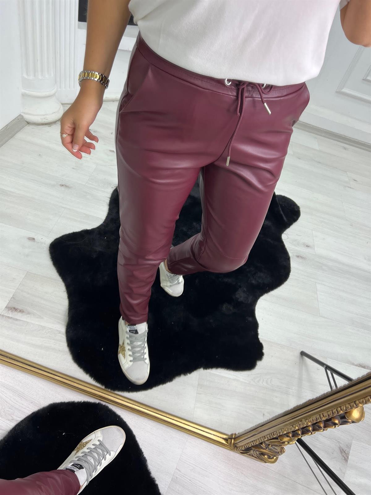 022 Boru Paça İçi Şardonlu Deri Pantolon BORDO