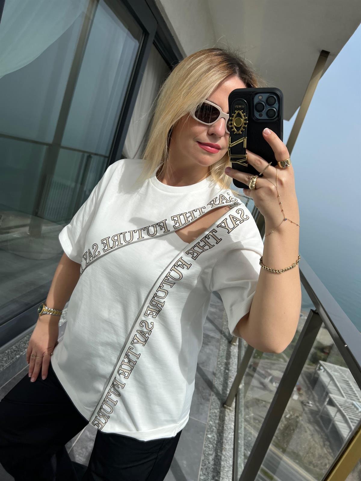 0226 Fermuar Detaylı Tshirt EKRU