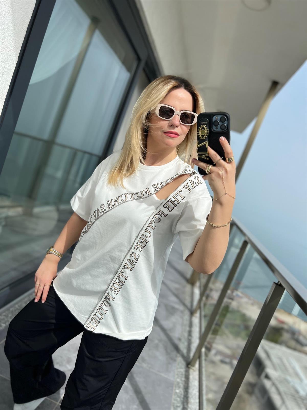 0226 Fermuar Detaylı Tshirt EKRU