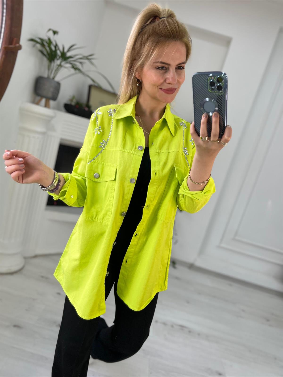 0247 Gabardin Gömlek NEON YEŞİL