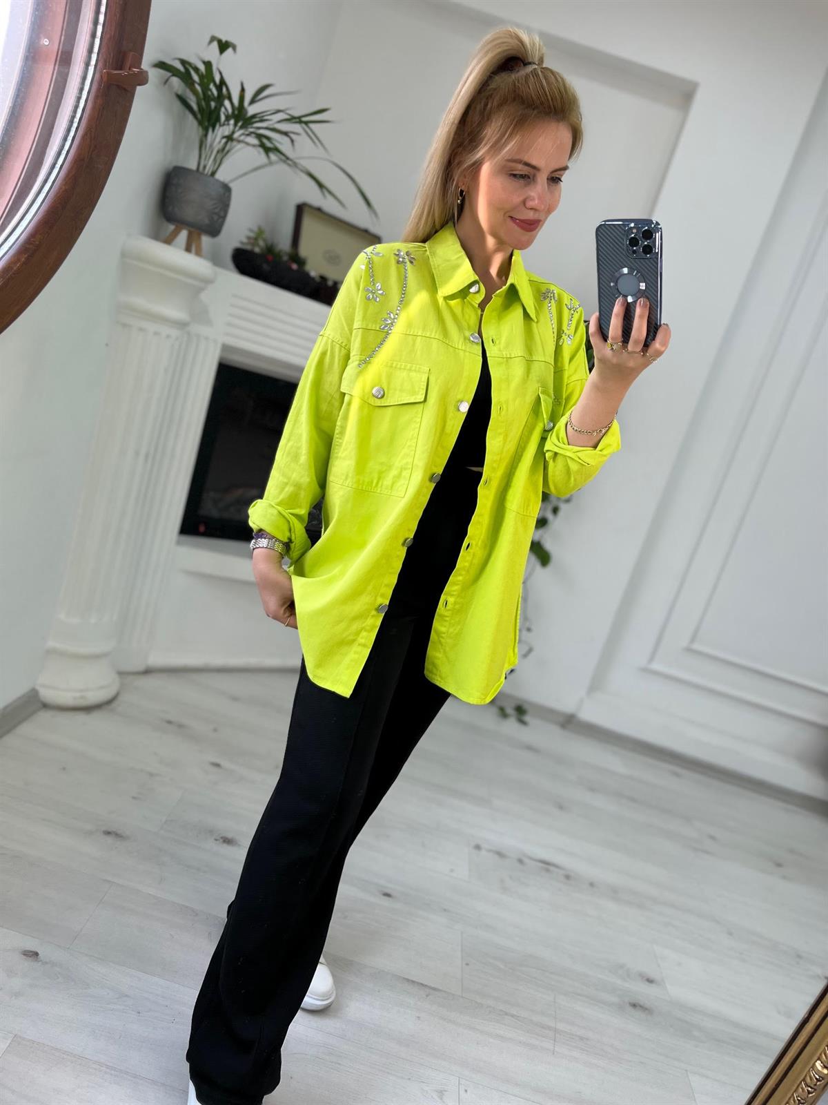 0247 Gabardin Gömlek NEON YEŞİL