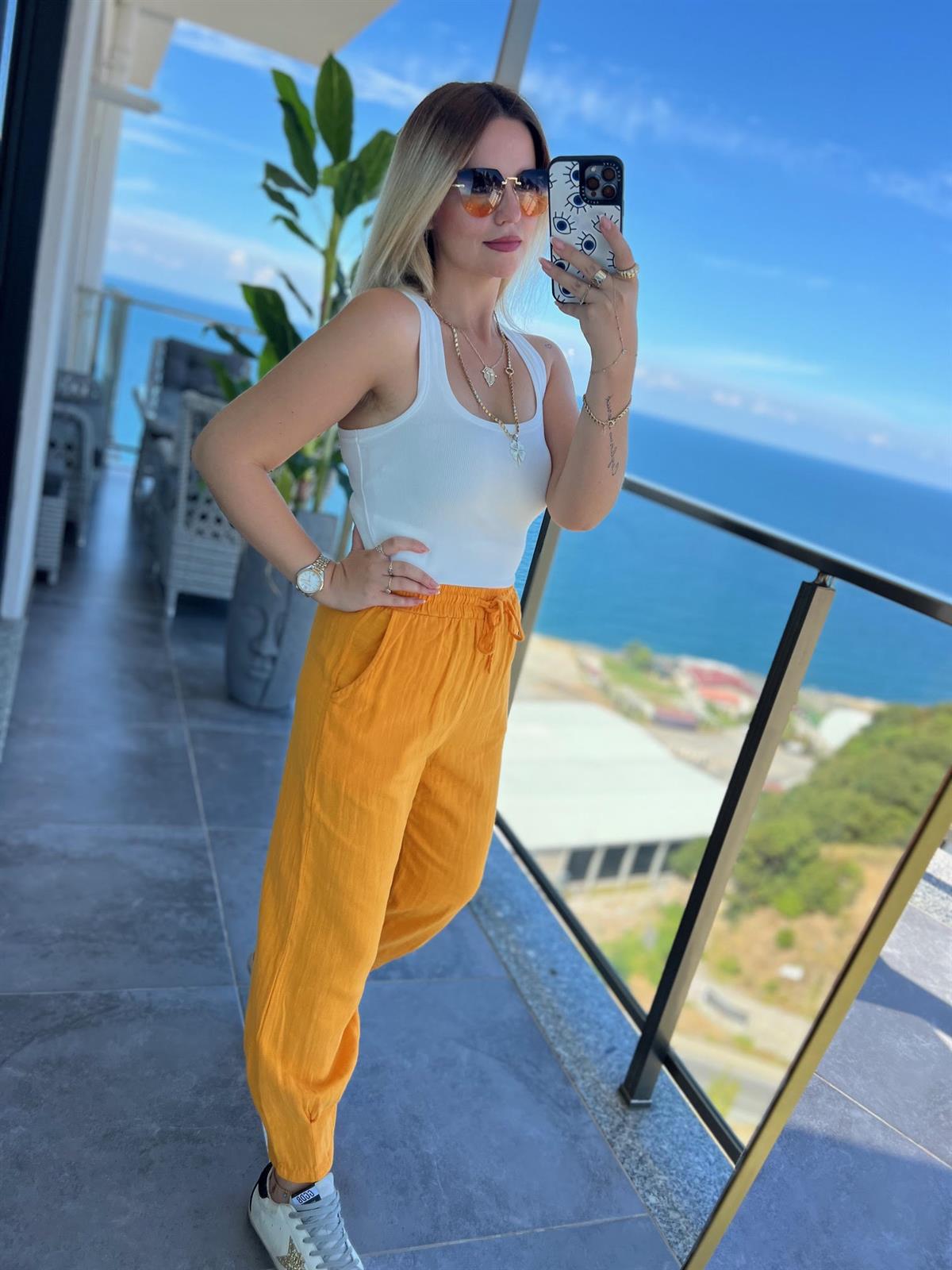 0255 Paçası Pilili Pantalon ORANGE